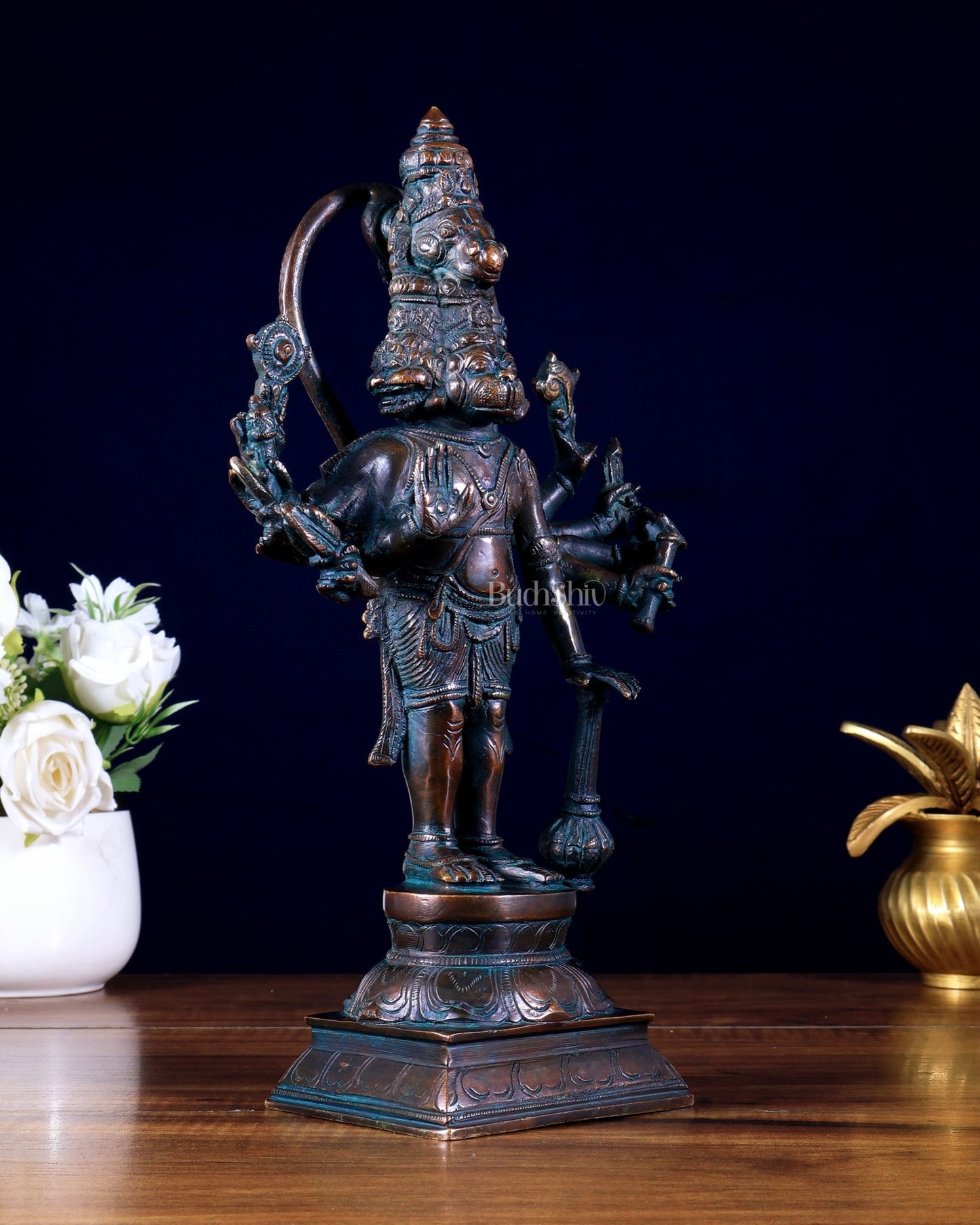 Pure Brass Standing Panchmukhi Hanuman Idol – 12 inch vintage tone - Budhshiv.com