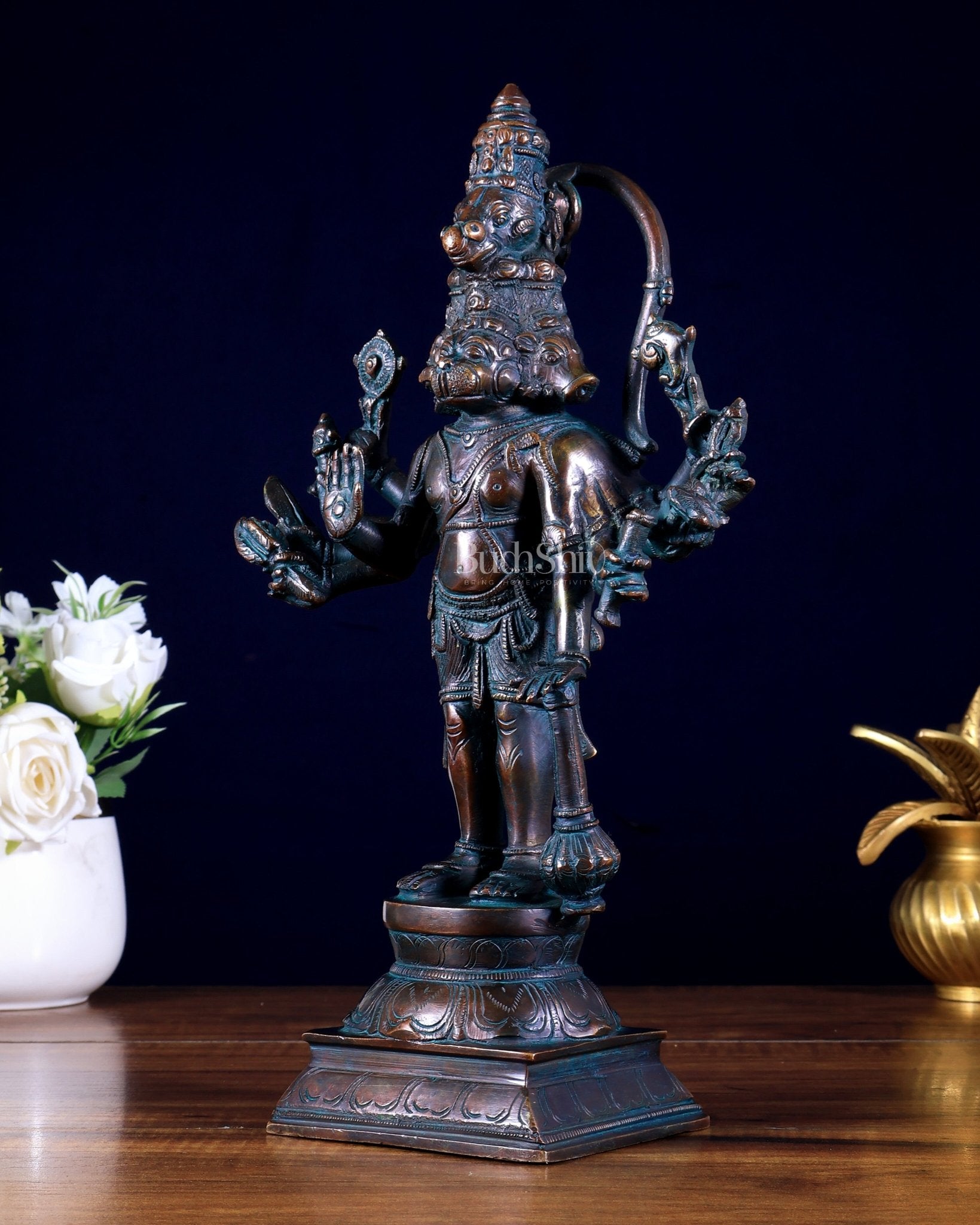 Pure Brass Standing Panchmukhi Hanuman Idol – 12 inch vintage tone - Budhshiv.com