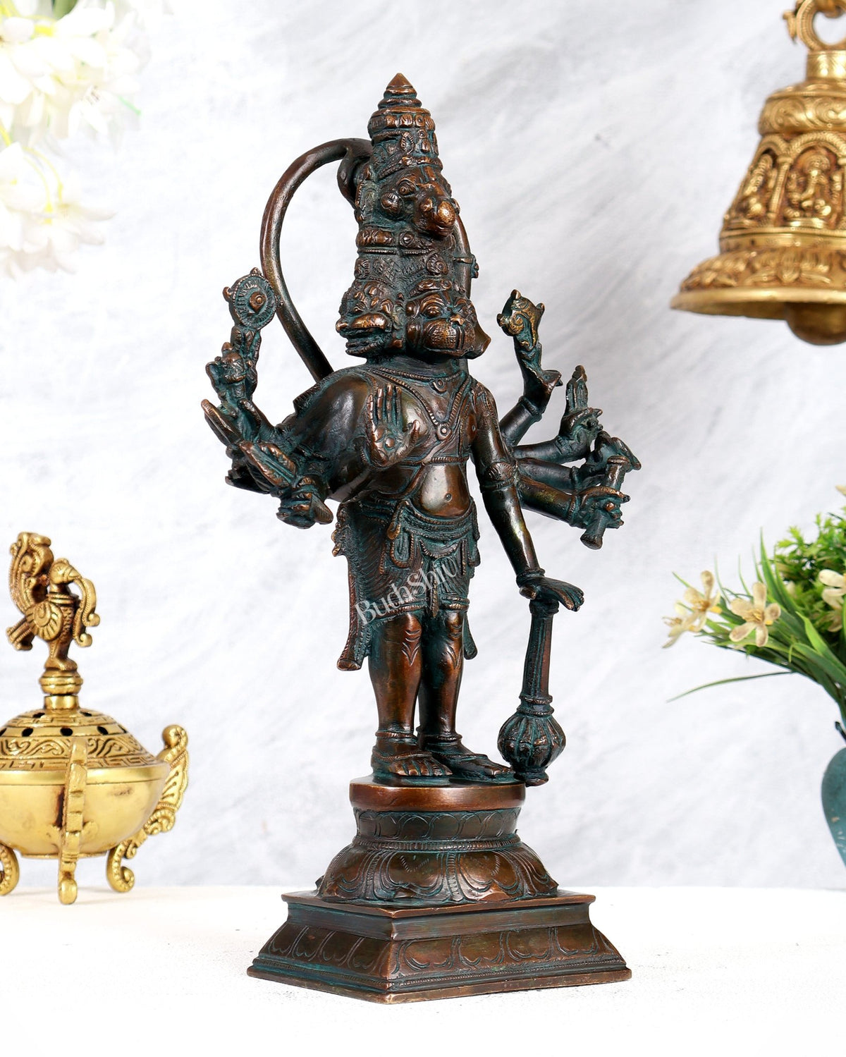 Pure Brass Standing Panchmukhi Hanuman Idol – 12 inch vintage tone - Budhshiv.com