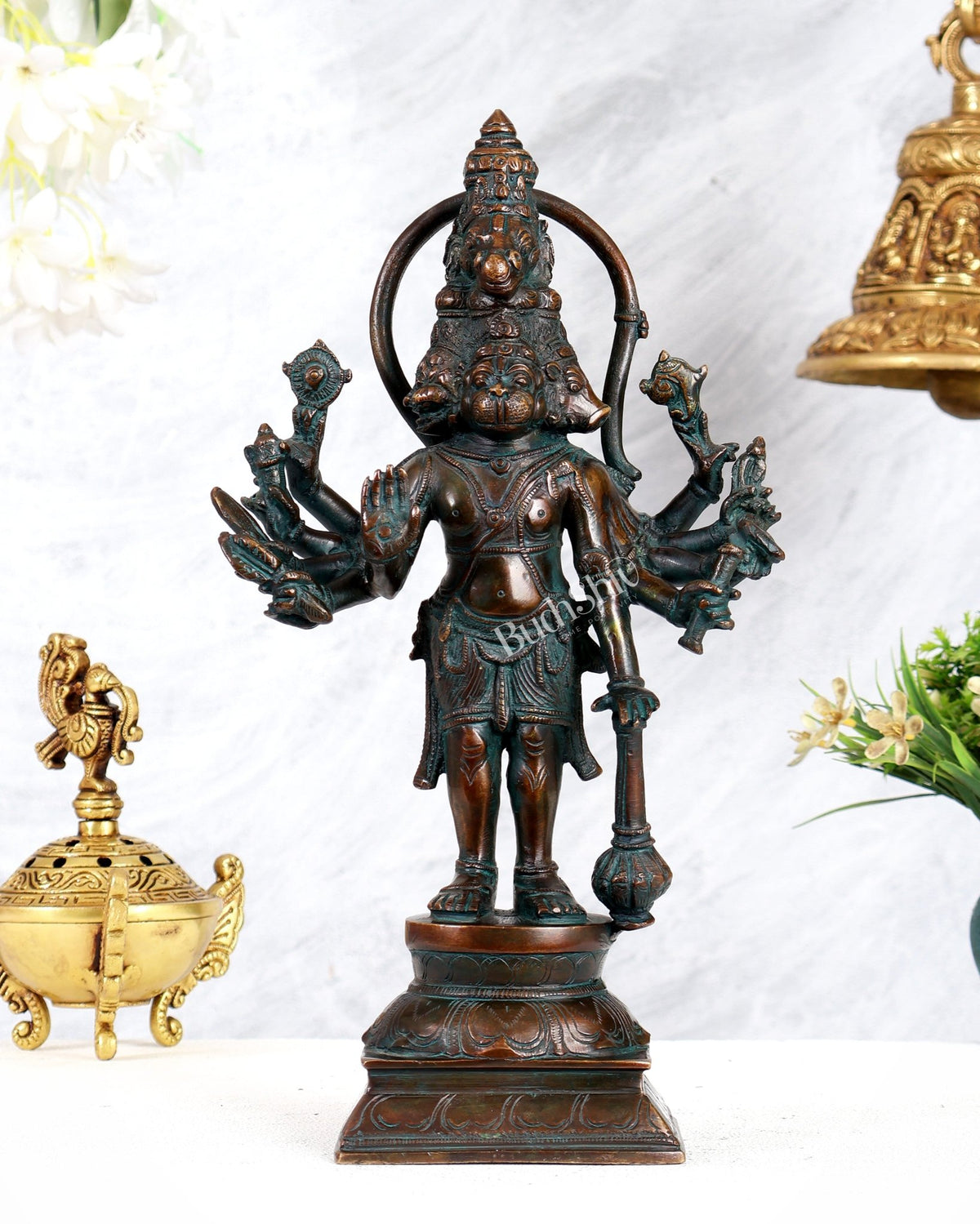 Pure Brass Standing Panchmukhi Hanuman Idol – 12 inch vintage tone - Budhshiv.com