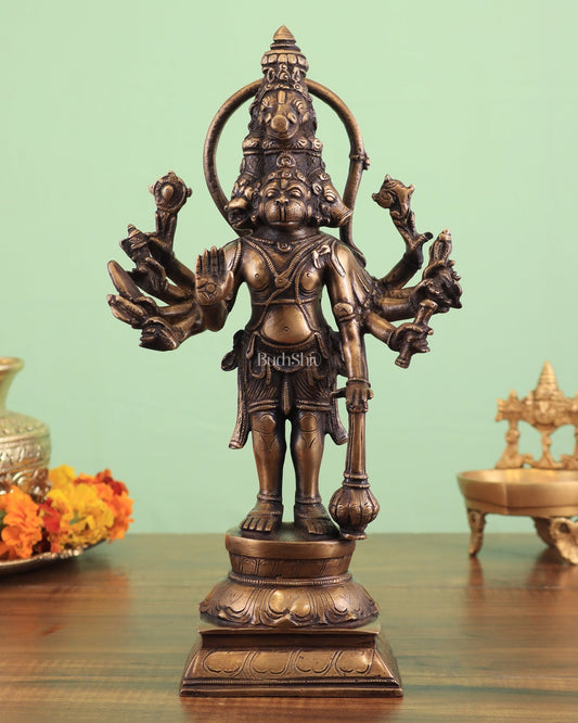 Pure Brass Standing Panchmukhi Hanuman Idol – antique finish 12 inch - Budhshiv.com