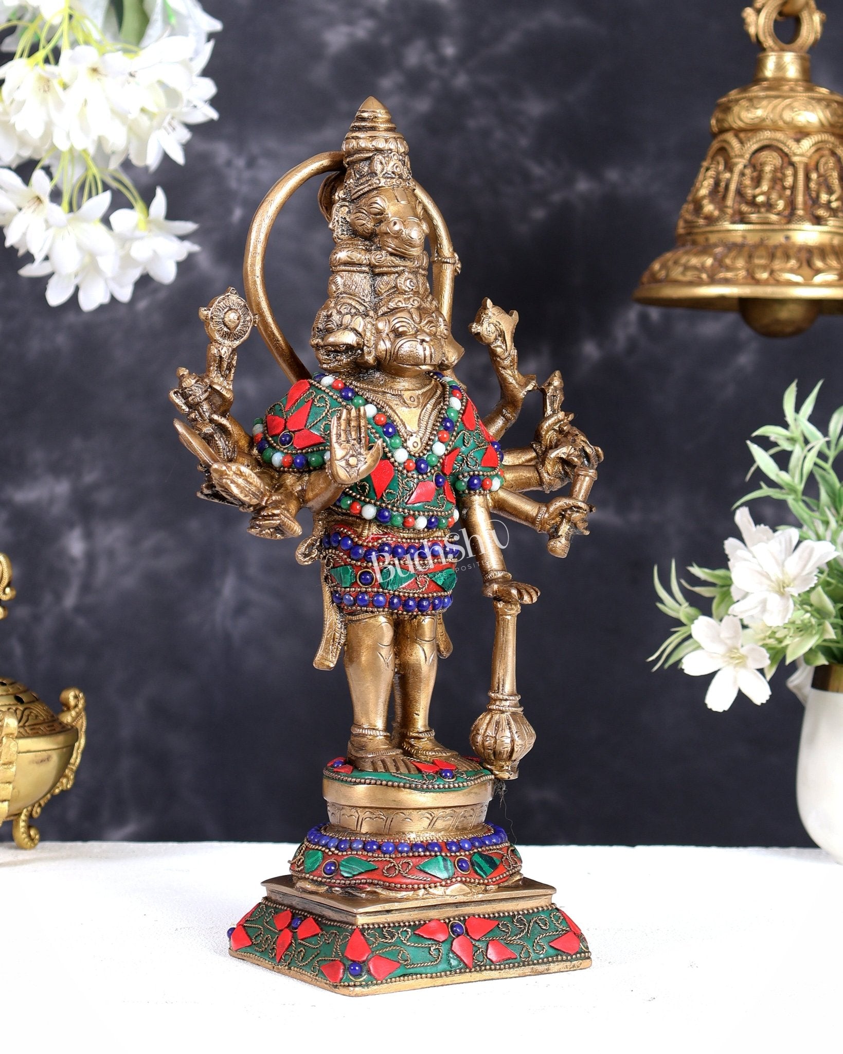 Pure Brass Standing Panchmukhi Hanuman Idol Floral stonework 12" - Budhshiv.com