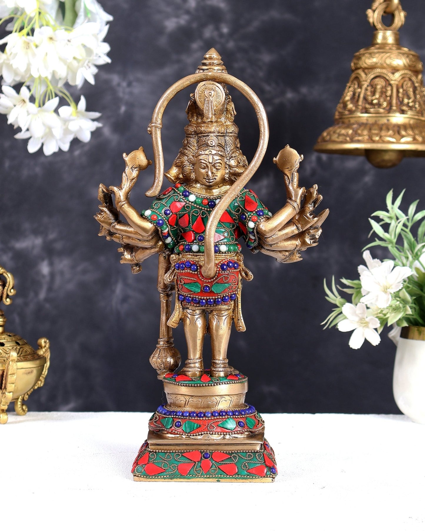 Pure Brass Standing Panchmukhi Hanuman Idol Floral stonework 12" - Budhshiv.com