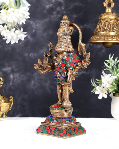 Pure Brass Standing Panchmukhi Hanuman Idol Floral stonework 12" - Budhshiv.com