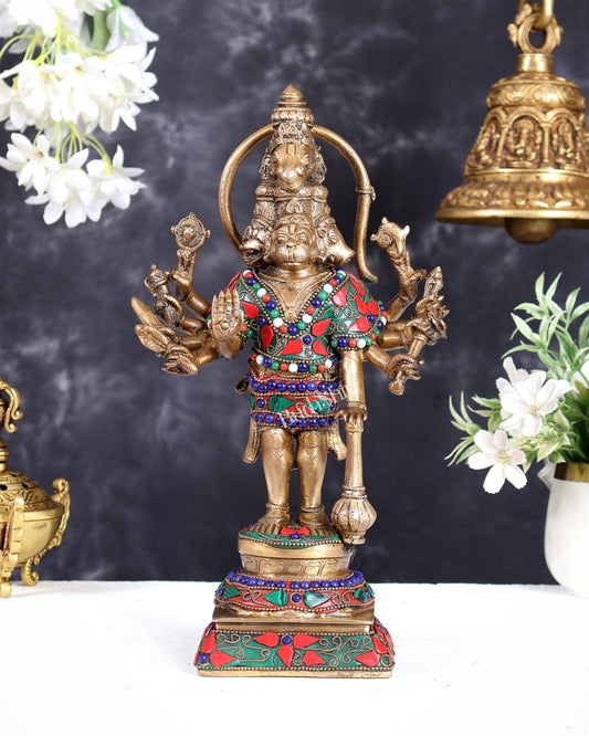 Pure Brass Standing Panchmukhi Hanuman Idol Floral stonework 12" - Budhshiv.com