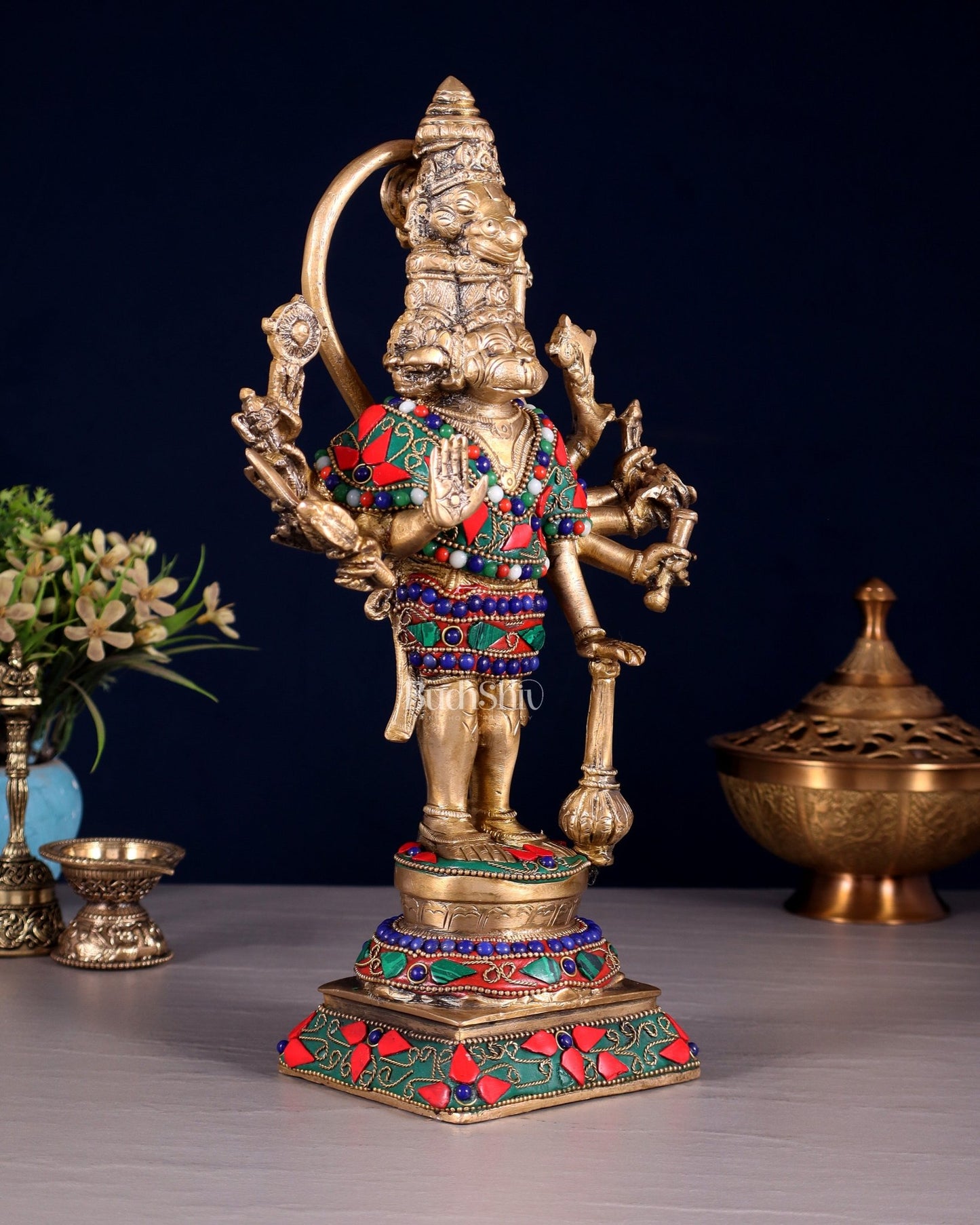 Pure Brass Standing Panchmukhi Hanuman Idol Floral stonework 12" - Budhshiv.com