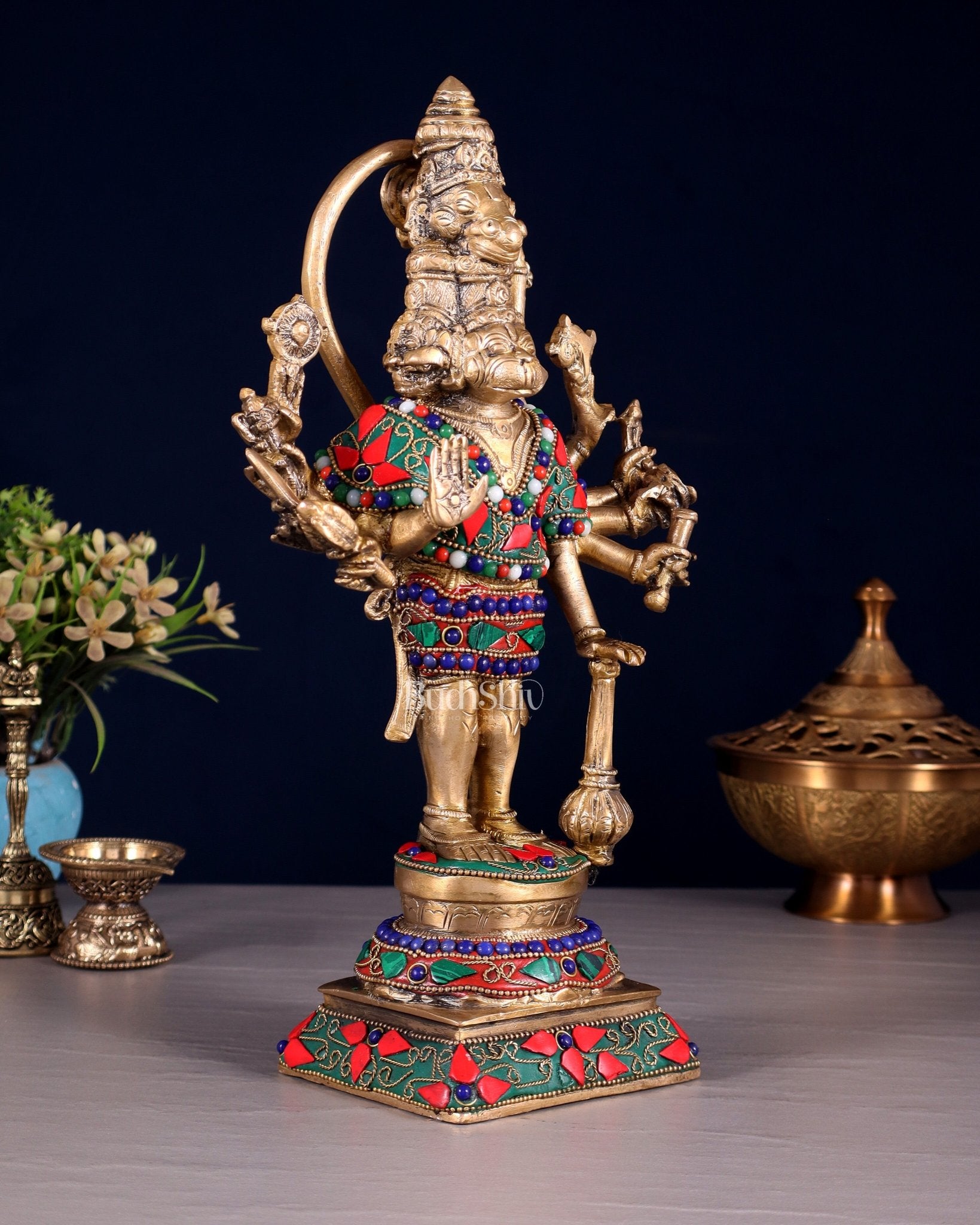Pure Brass Standing Panchmukhi Hanuman Idol Floral stonework 12" - Budhshiv.com