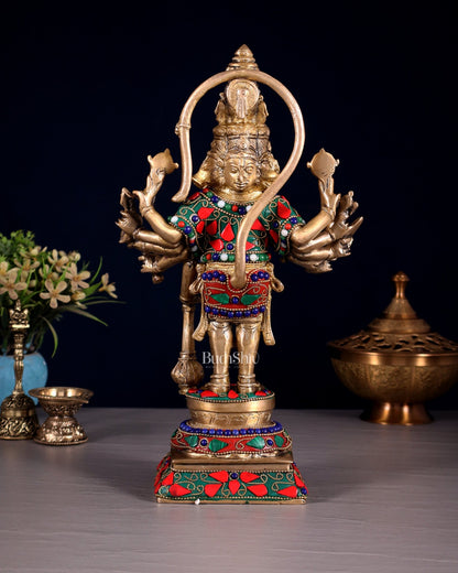 Pure Brass Standing Panchmukhi Hanuman Idol Floral stonework 12" - Budhshiv.com