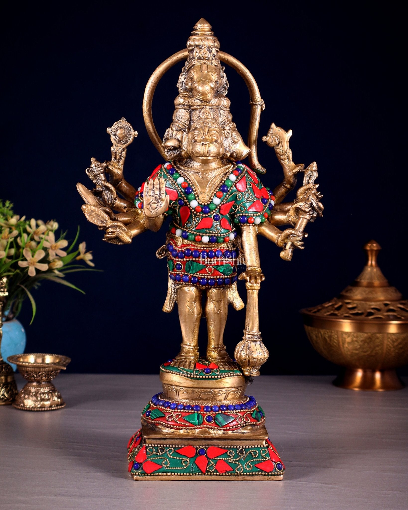 Pure Brass Standing Panchmukhi Hanuman Idol Floral stonework 12" - Budhshiv.com