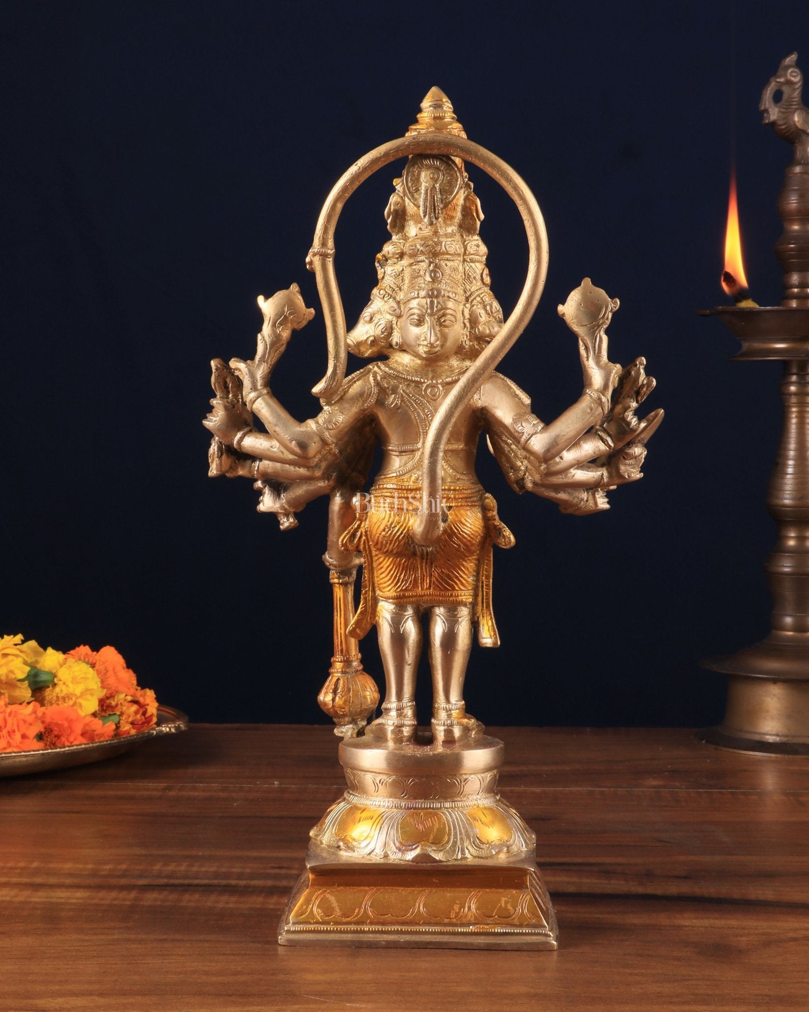 Pure Brass Standing Panchmukhi Hanuman Idol – glossy gold finish 12 inch - Budhshiv.com