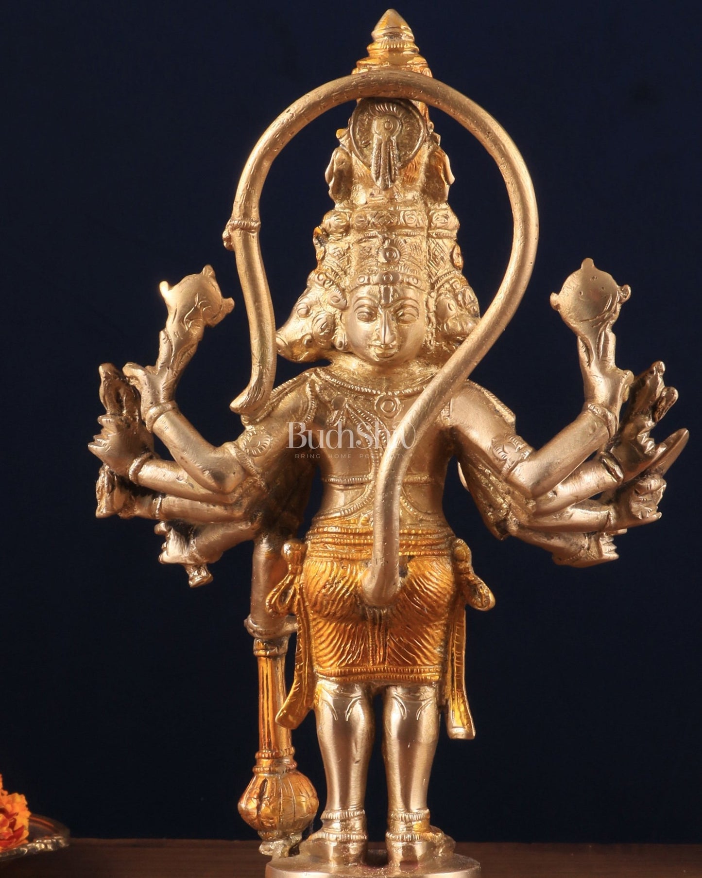 Pure Brass Standing Panchmukhi Hanuman Idol – glossy gold finish 12 inch - Budhshiv.com