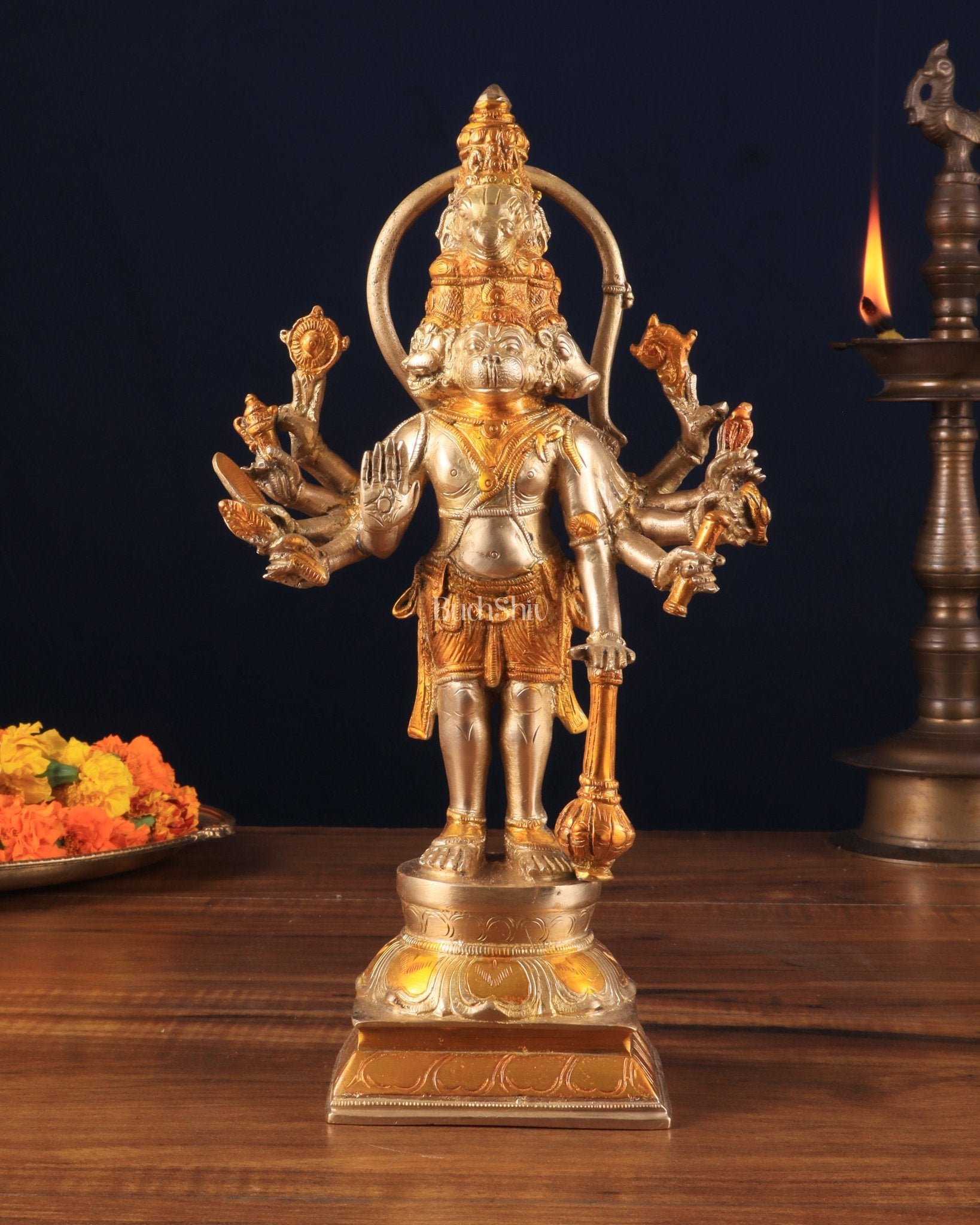 Pure Brass Standing Panchmukhi Hanuman Idol – glossy gold finish 12 inch - Budhshiv.com