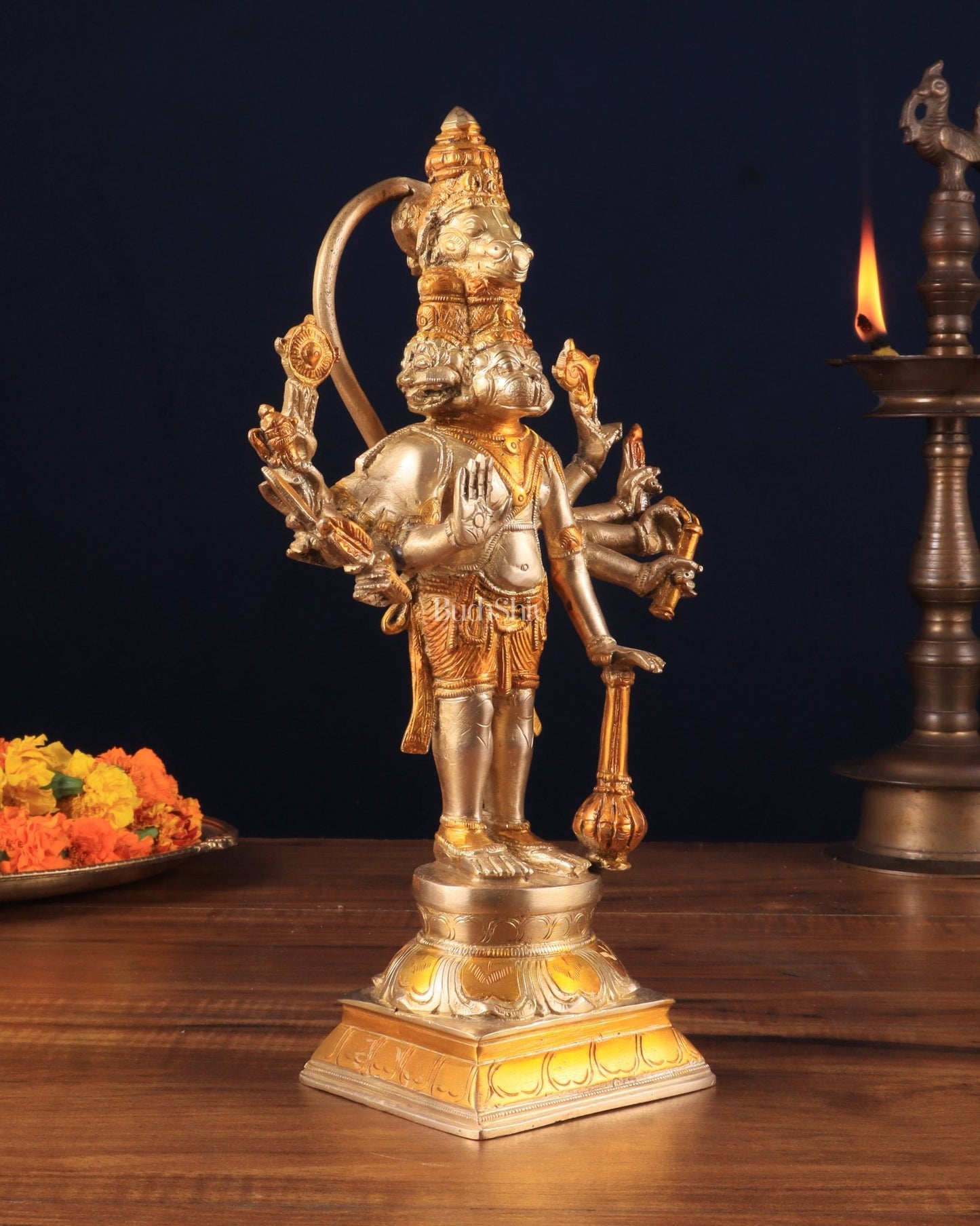 Pure Brass Standing Panchmukhi Hanuman Idol – glossy gold finish 12 inch - Budhshiv.com