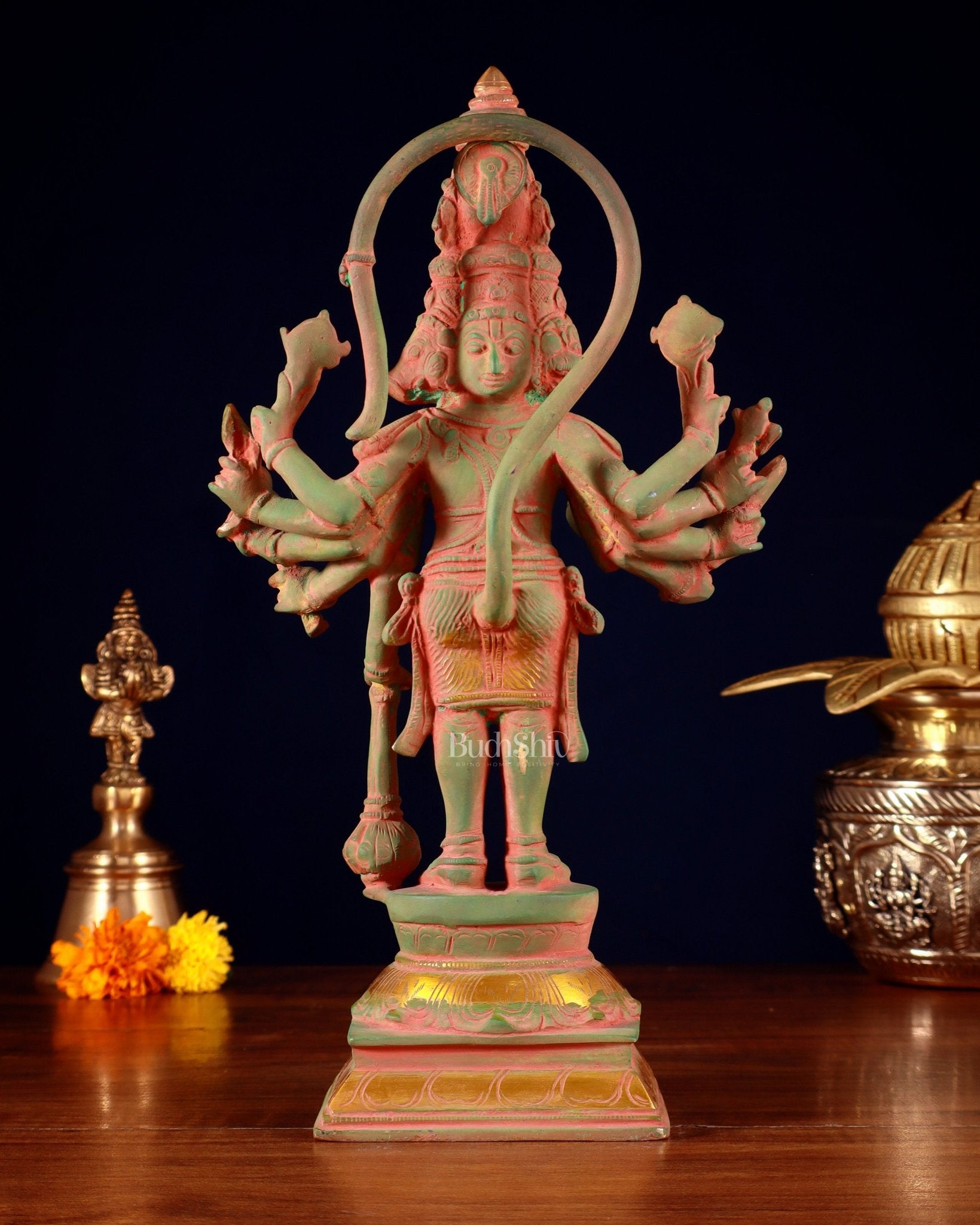Pure Brass Standing Panchmukhi Hanuman Idol – green sand patina Finish 12 inch - Budhshiv.com