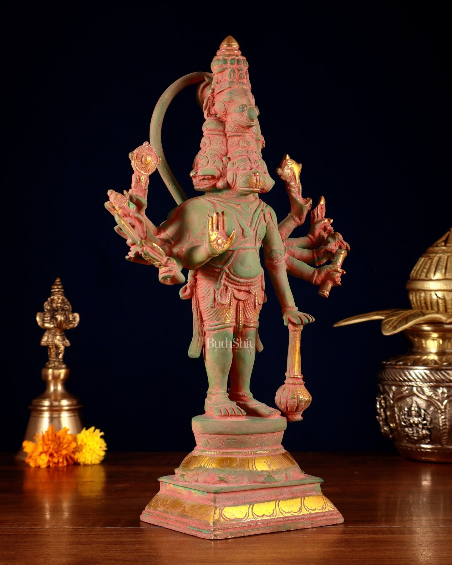 Pure Brass Standing Panchmukhi Hanuman Idol – green sand patina Finish 12 inch - Budhshiv.com