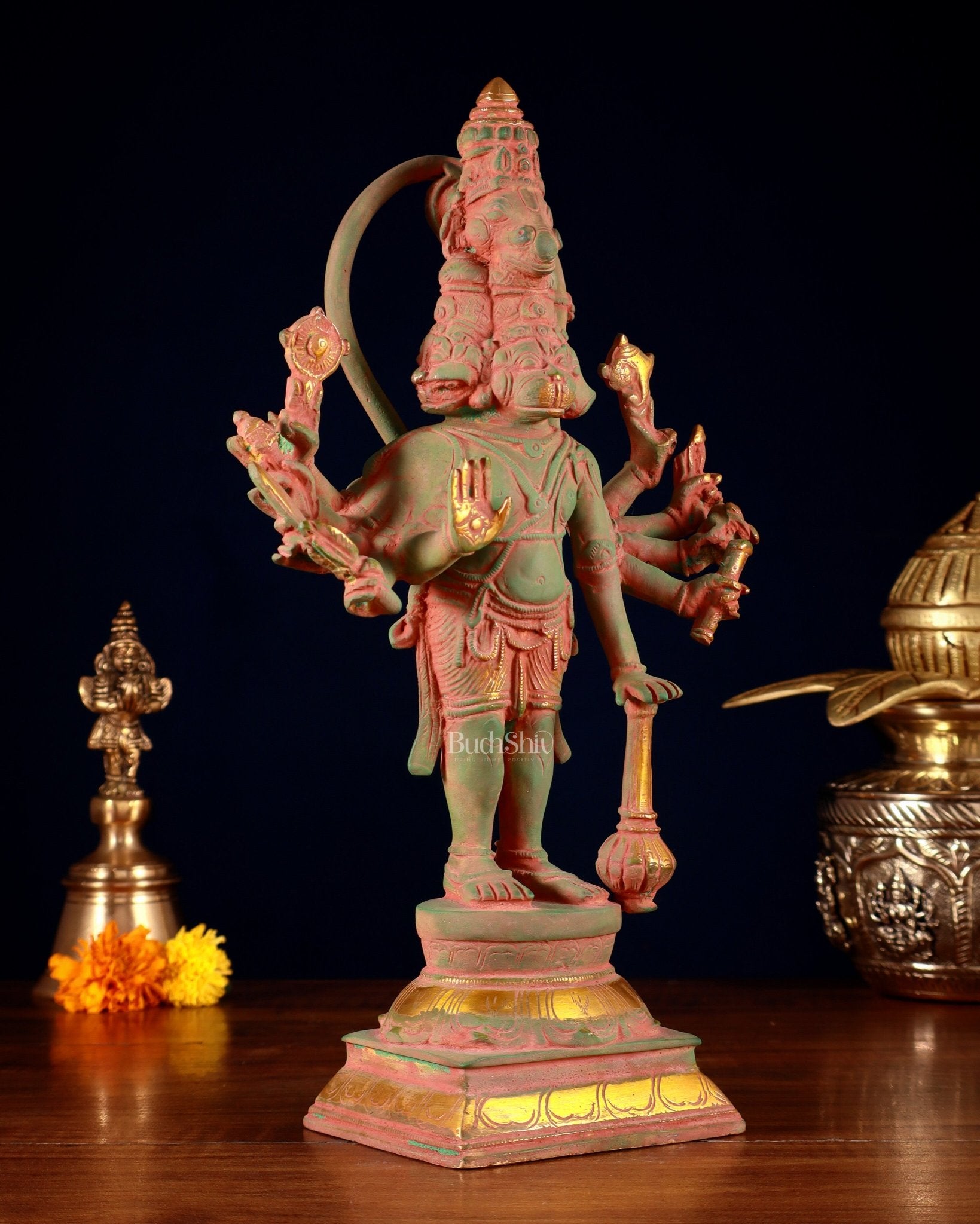 Pure Brass Standing Panchmukhi Hanuman Idol – green sand patina Finish 12 inch - Budhshiv.com