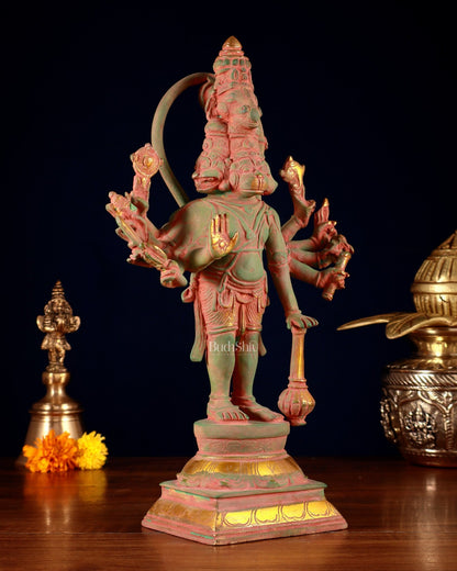 Pure Brass Standing Panchmukhi Hanuman Idol – green sand patina Finish 12 inch - Budhshiv.com