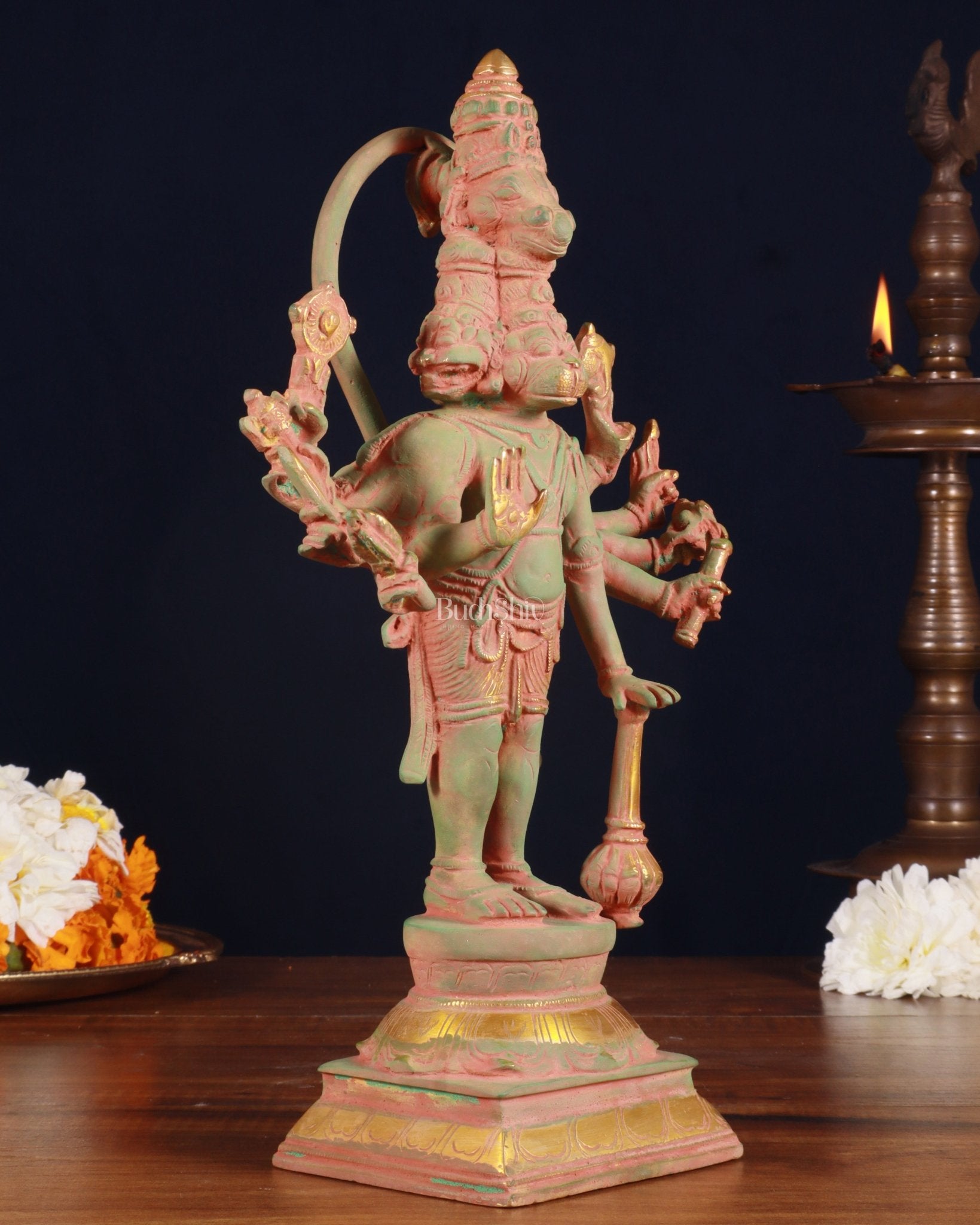 Pure Brass Standing Panchmukhi Hanuman Idol – green sand patina Finish 12 inch - Budhshiv.com