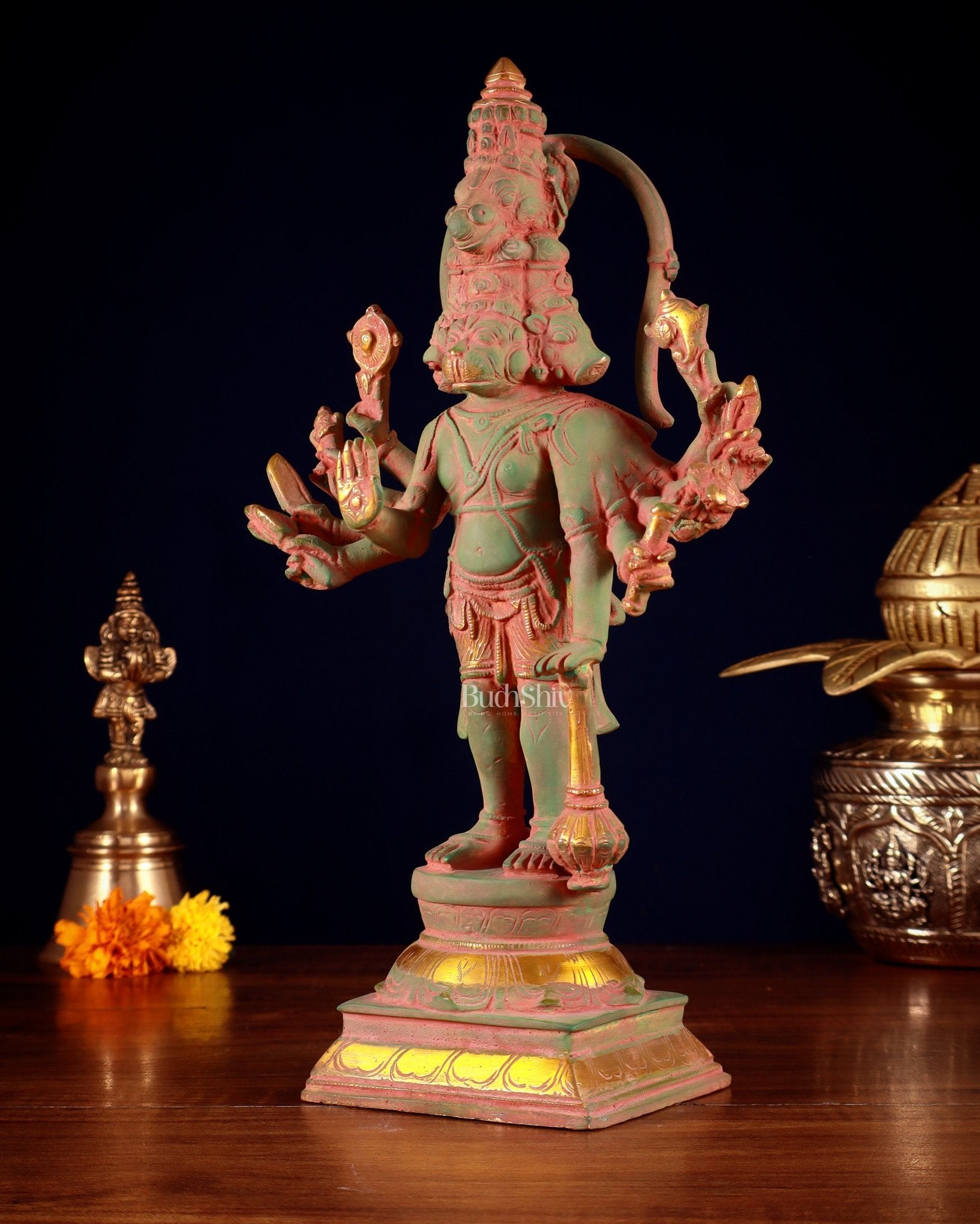 Pure Brass Standing Panchmukhi Hanuman Idol – green sand patina Finish 12 inch - Budhshiv.com