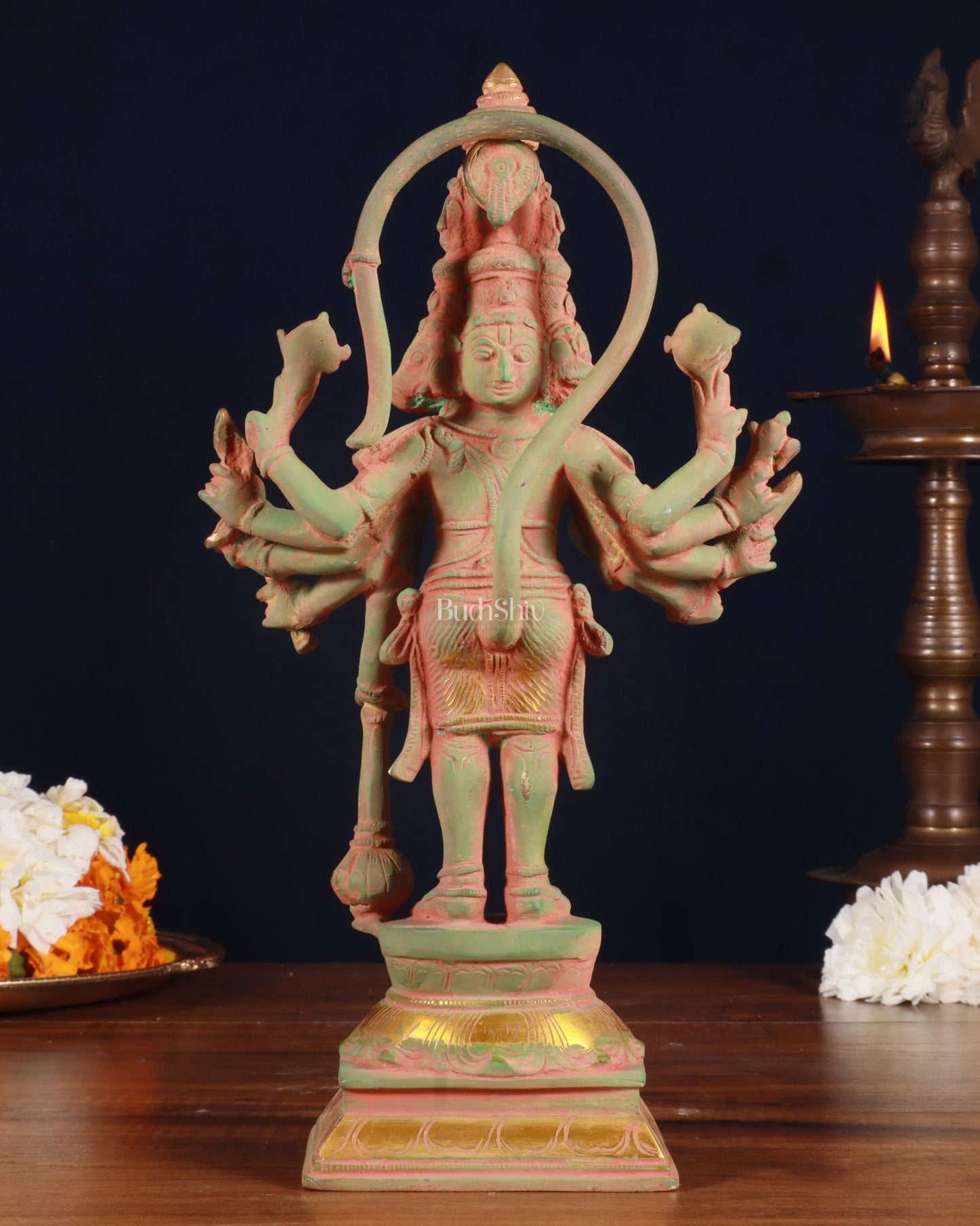 Pure Brass Standing Panchmukhi Hanuman Idol – green sand patina Finish 12 inch - Budhshiv.com