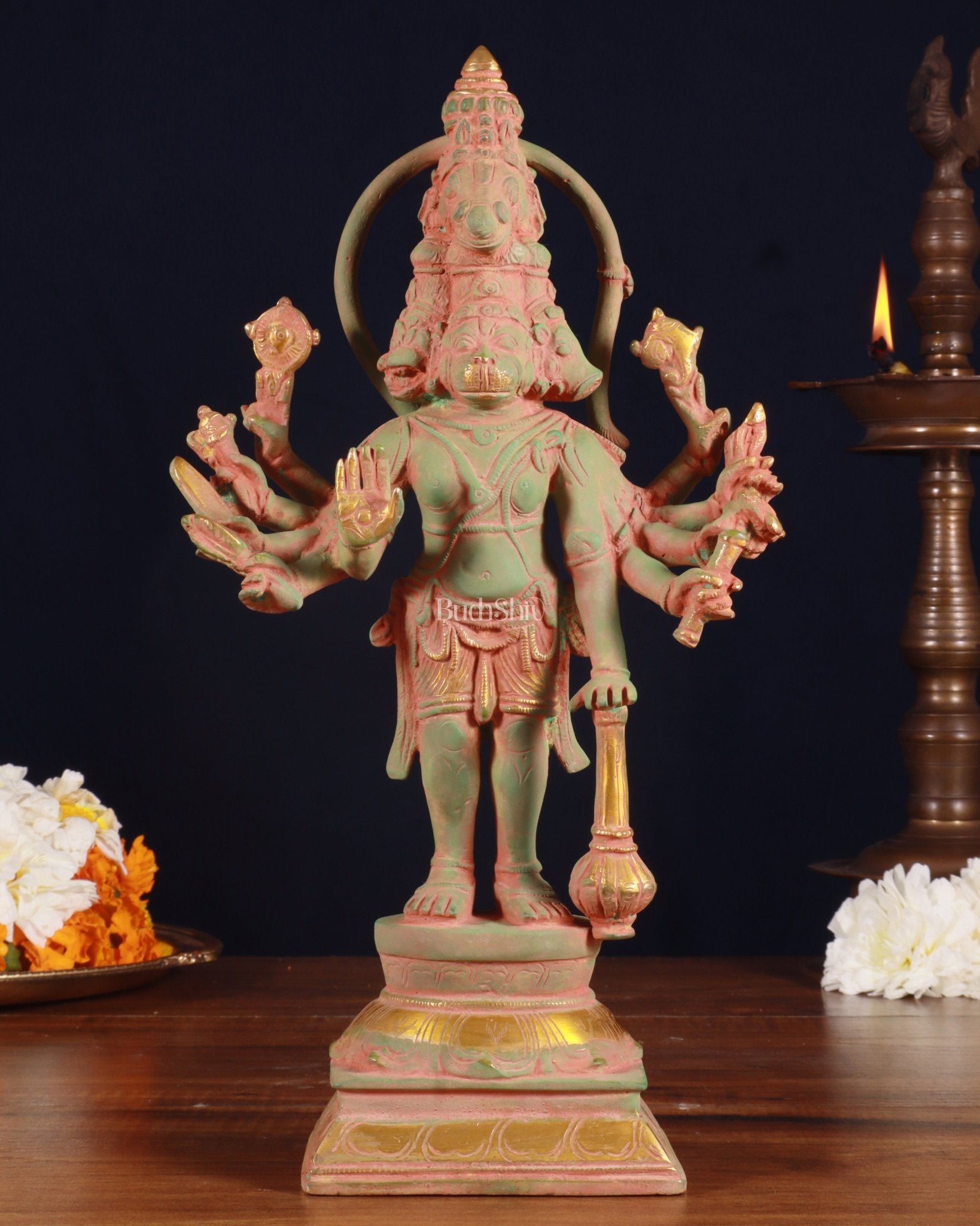 Pure Brass Standing Panchmukhi Hanuman Idol – green sand patina Finish 12 inch - Budhshiv.com