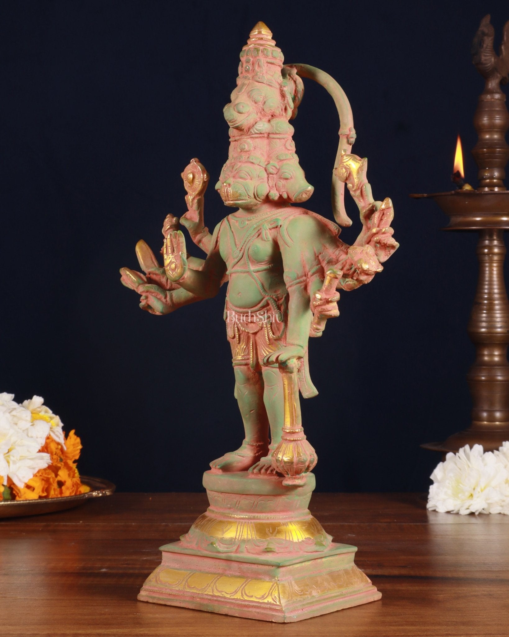 Pure Brass Standing Panchmukhi Hanuman Idol – green sand patina Finish 12 inch - Budhshiv.com