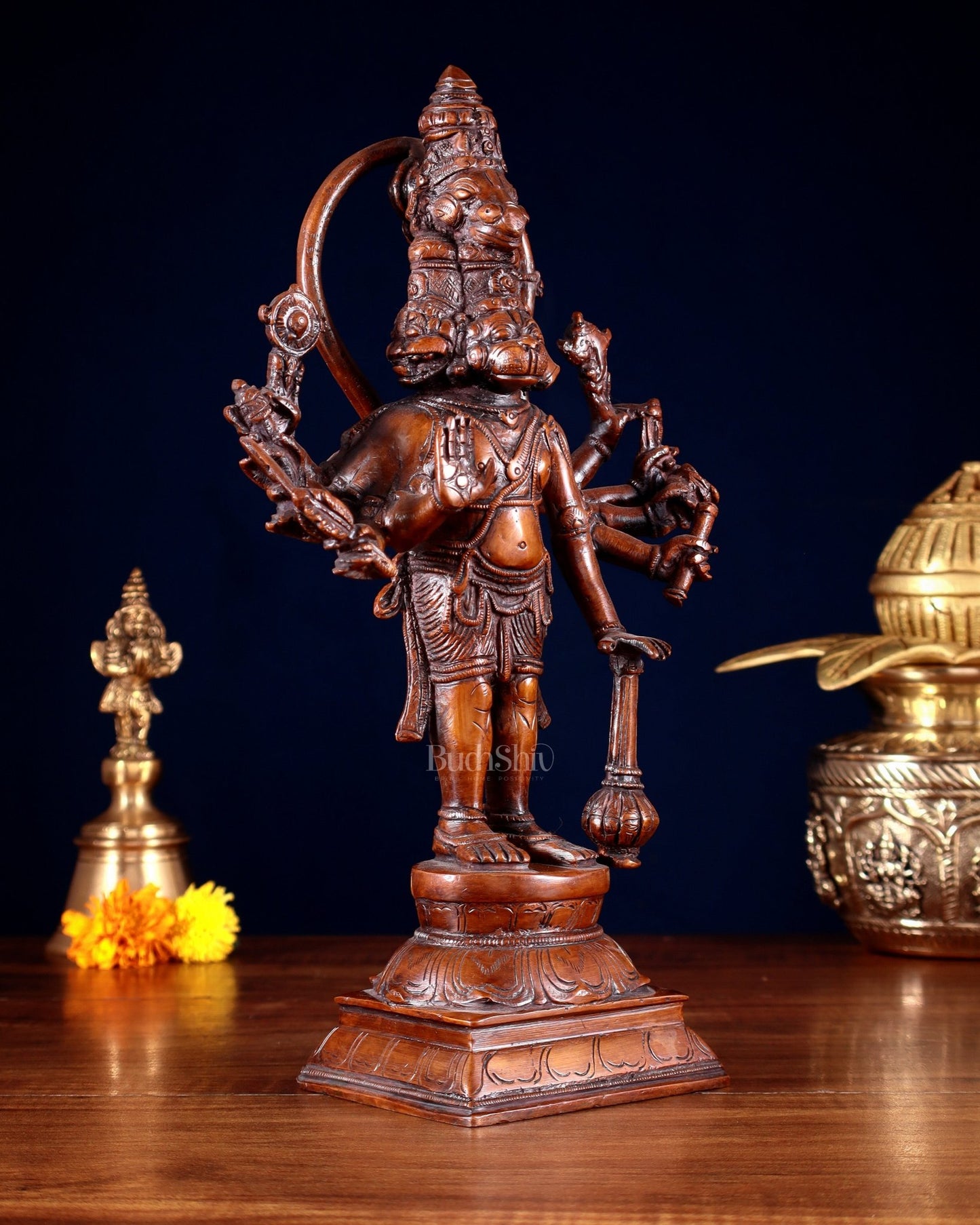 Pure Brass Standing Panchmukhi Hanuman Idol – Vintage Bronze Tone 12 inch - Budhshiv.com
