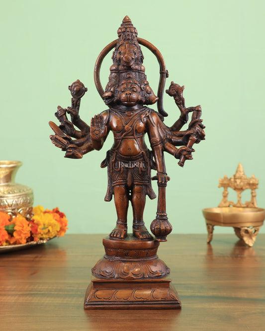 Pure Brass Standing Panchmukhi Hanuman Idol – Vintage Bronze Tone 12 inch - Budhshiv.com