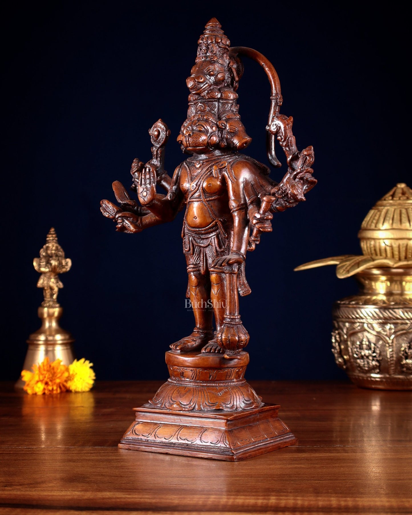 Pure Brass Standing Panchmukhi Hanuman Idol – Vintage Bronze Tone 12 inch - Budhshiv.com