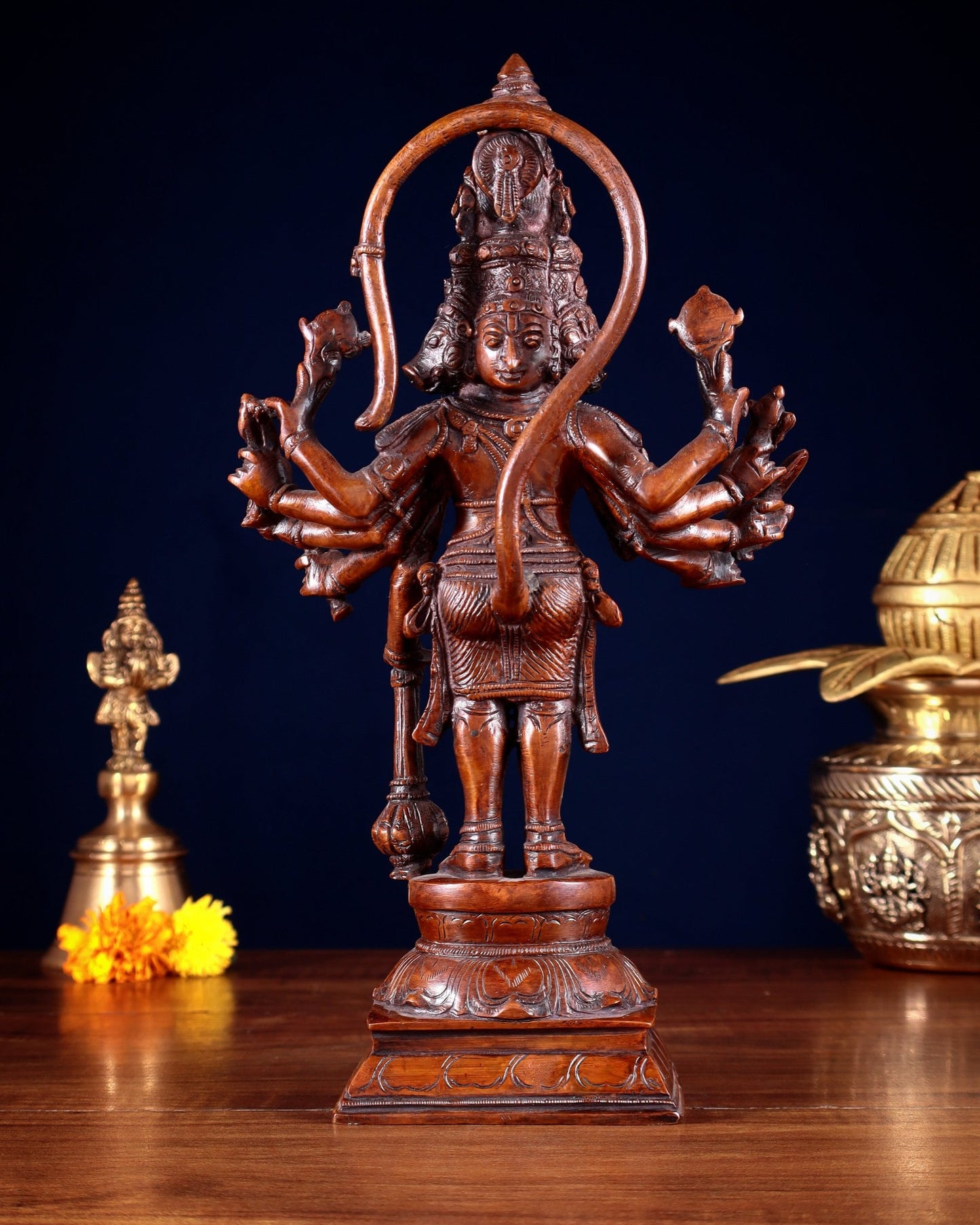 Pure Brass Standing Panchmukhi Hanuman Idol – Vintage Bronze Tone 12 inch - Budhshiv.com
