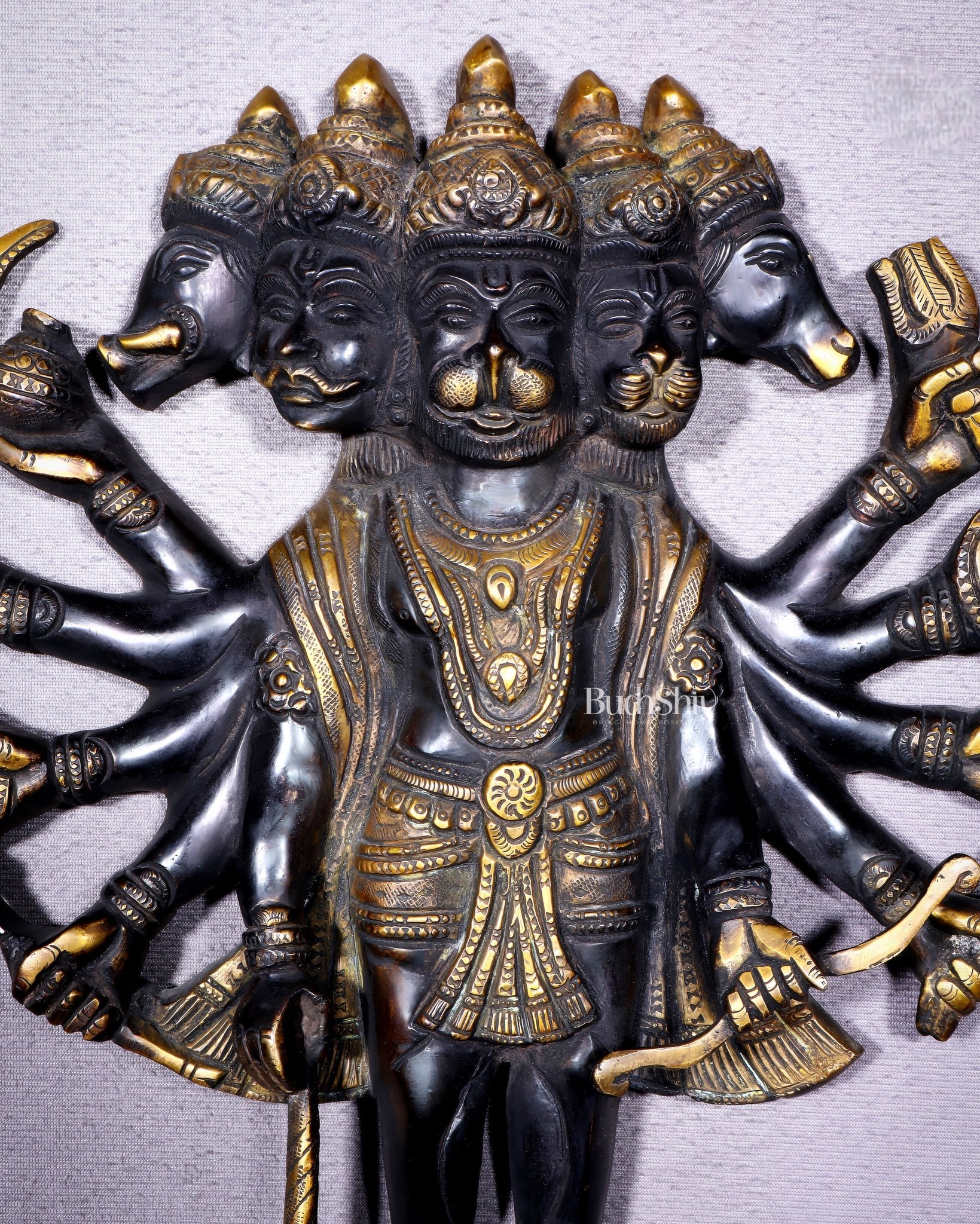 Pure Brass Standing Panchmukhi Hanuman Wall Hanging | Vastu Protection 13" - Budhshiv.com