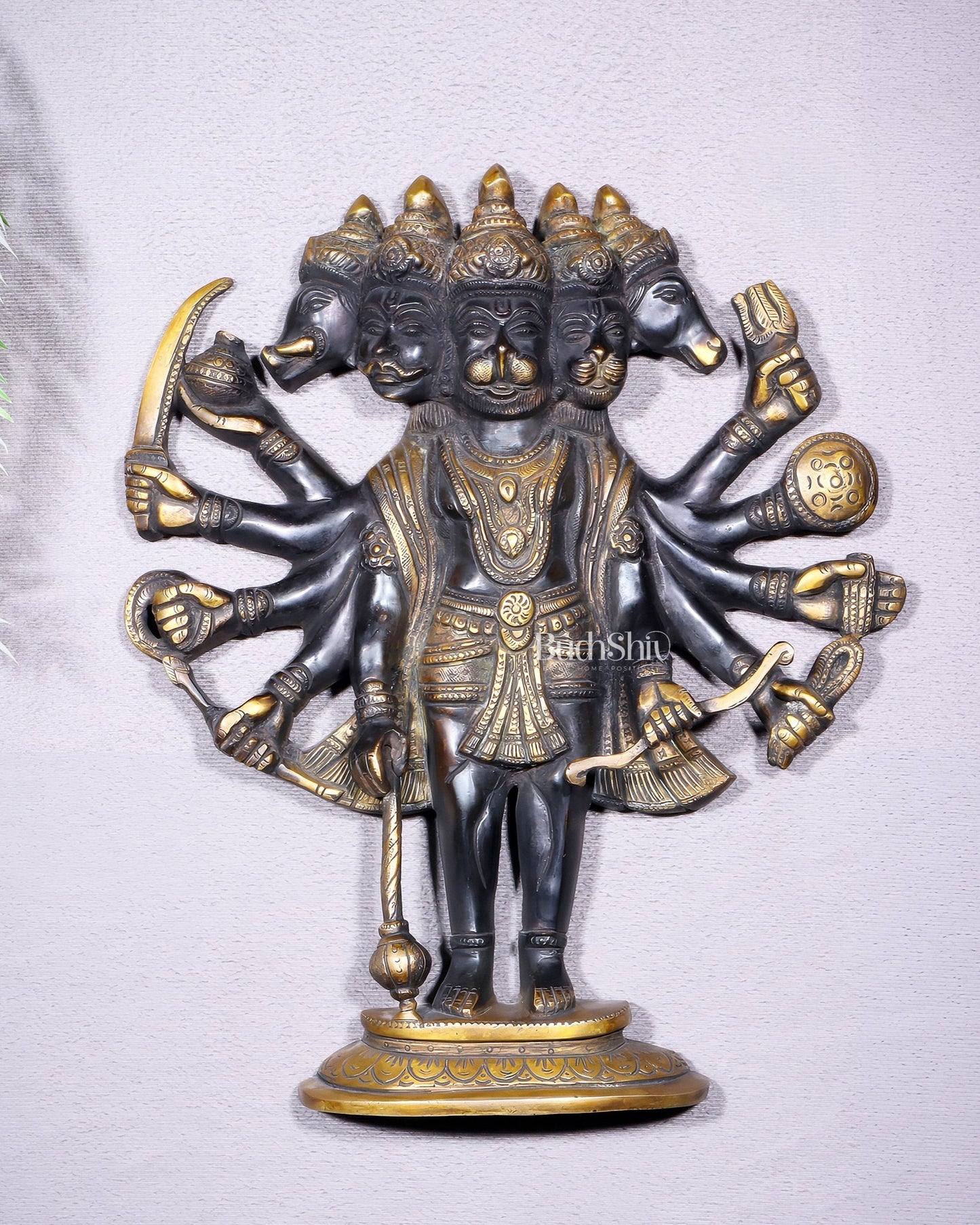 Pure Brass Standing Panchmukhi Hanuman Wall Hanging | Vastu Protection 13" - Budhshiv.com
