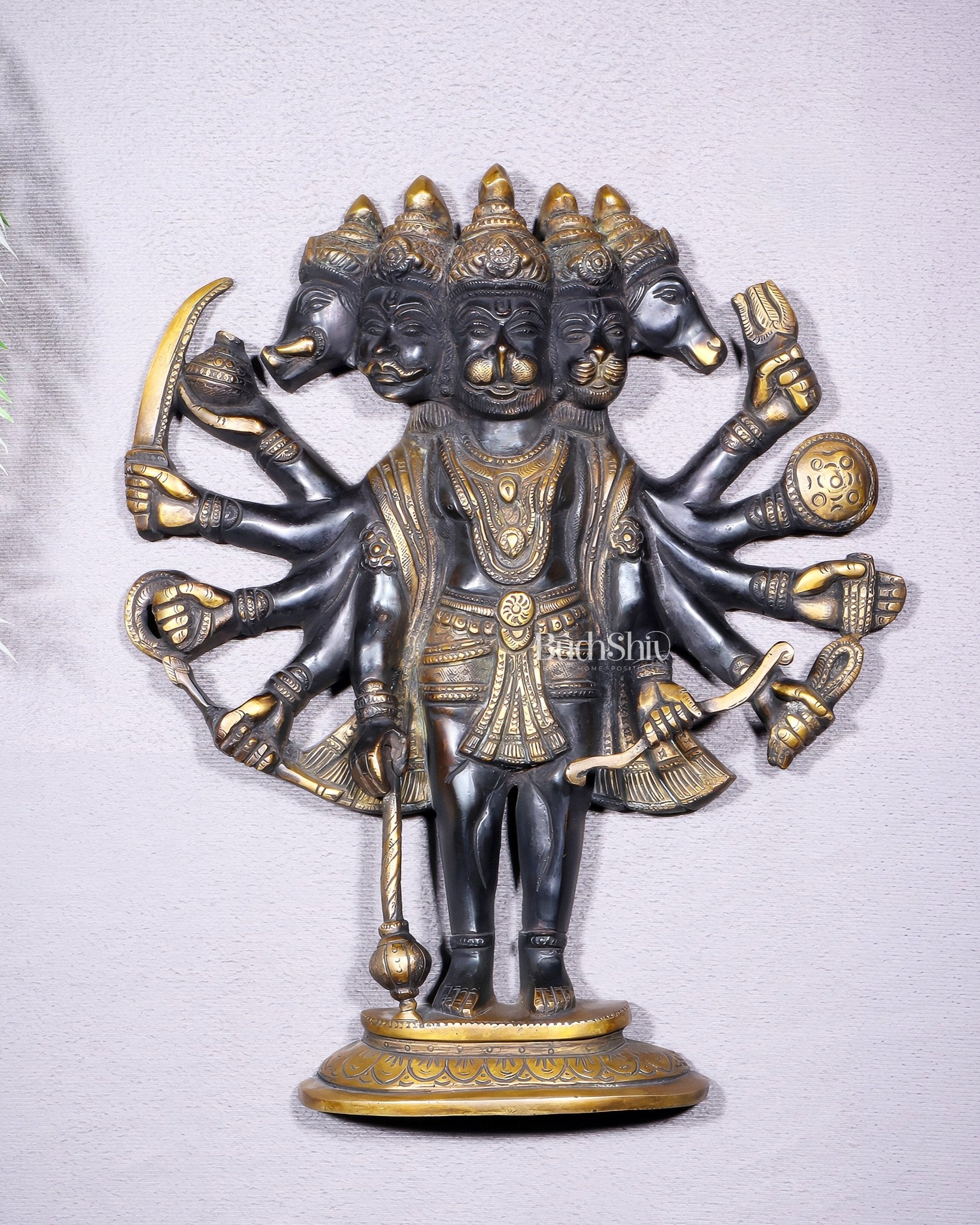 Pure Brass Standing Panchmukhi Hanuman Wall Hanging | Vastu Protection 13" - Budhshiv.com