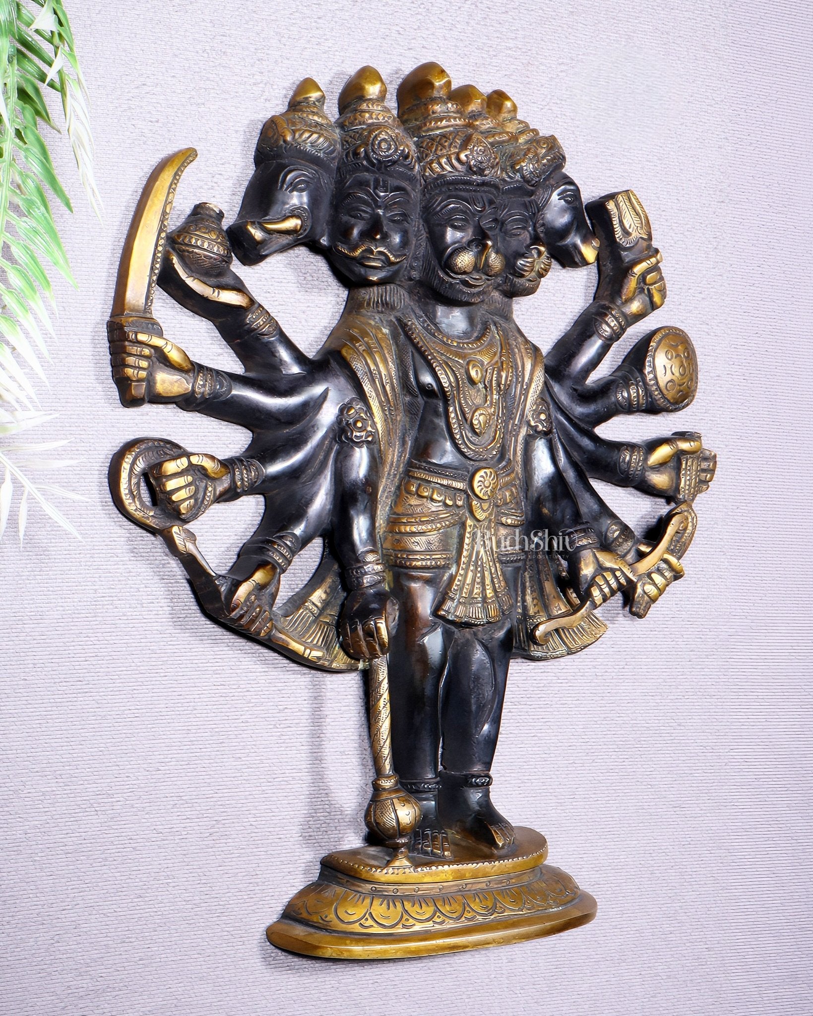 Pure Brass Standing Panchmukhi Hanuman Wall Hanging | Vastu Protection 13" - Budhshiv.com