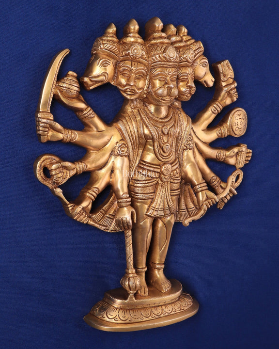 Pure Brass Standing Panchmukhi Hanuman Wall Hanging | Vastu Protection 13" - Budhshiv.com