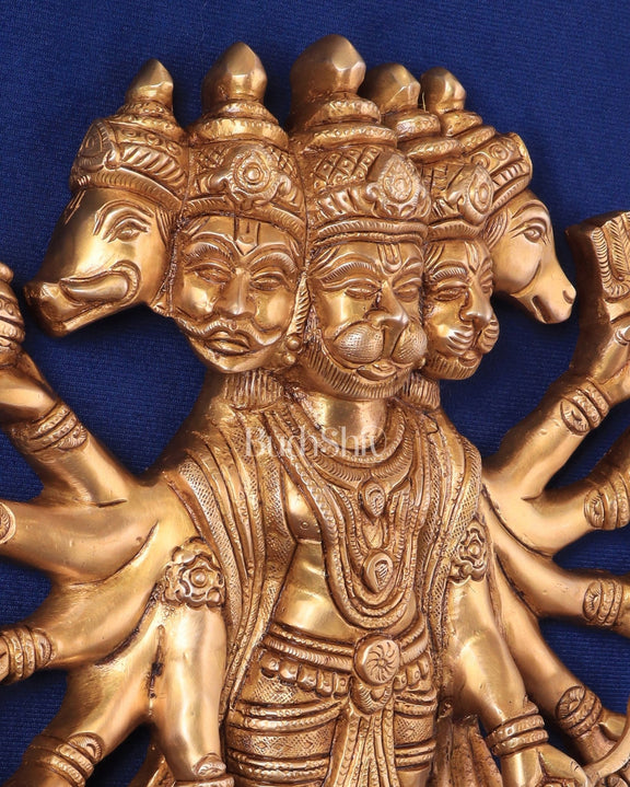 Pure Brass Standing Panchmukhi Hanuman Wall Hanging | Vastu Protection 13" - Budhshiv.com