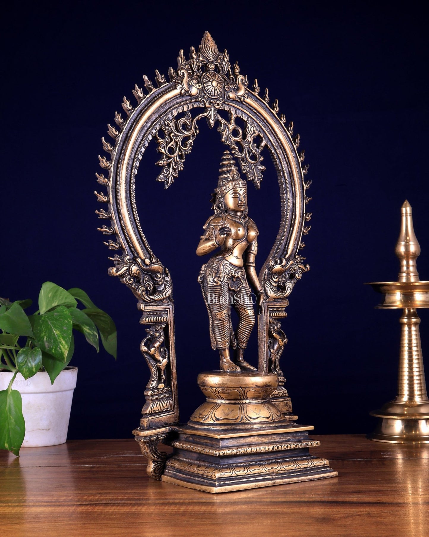 Pure Brass Standing Parvati with Prabhavali – Bhoga Shakti Idol (Antique Burnt Brass Finish) 18 inch - Budhshiv.com