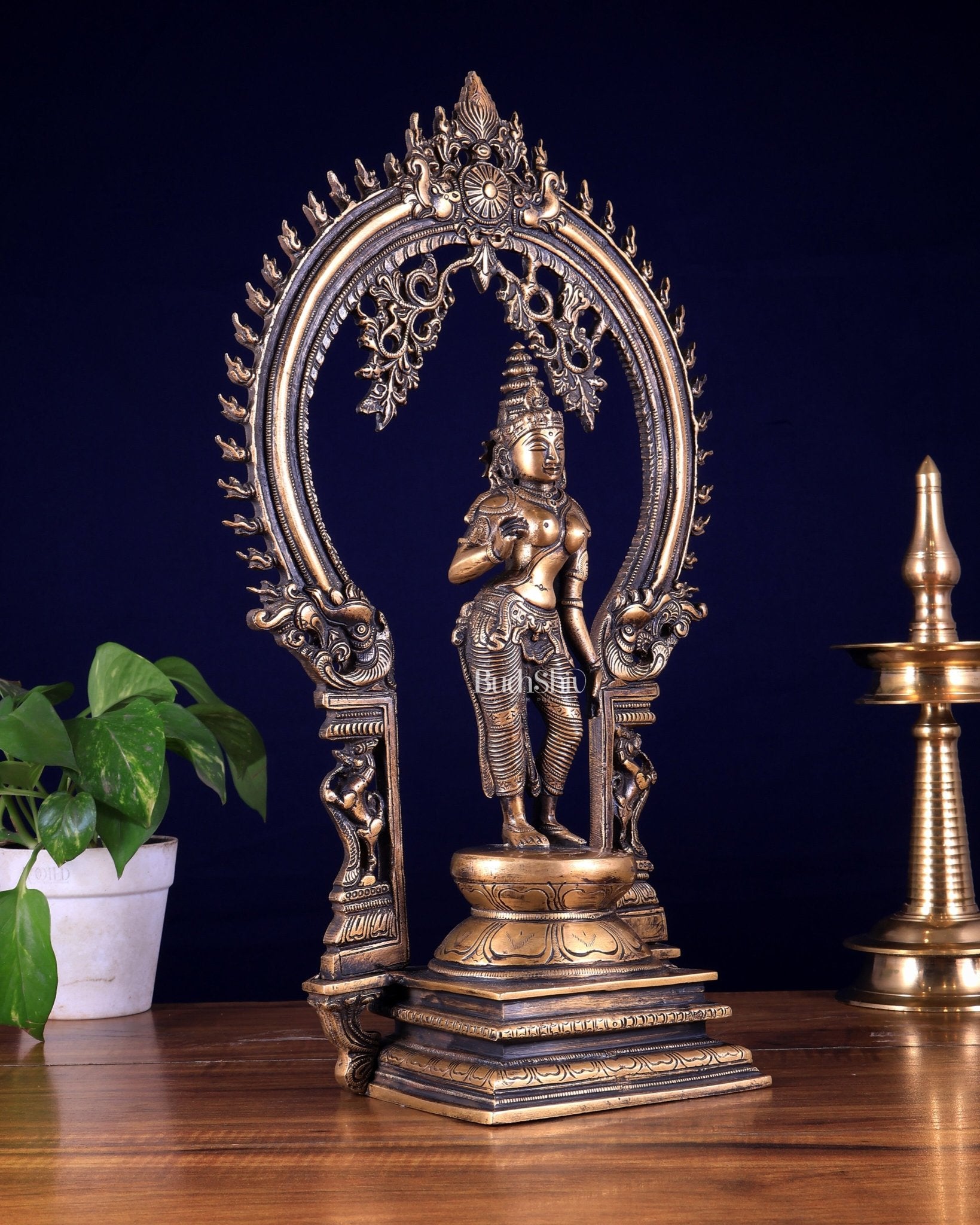 Pure Brass Standing Parvati with Prabhavali – Bhoga Shakti Idol (Antique Burnt Brass Finish) 18 inch - Budhshiv.com
