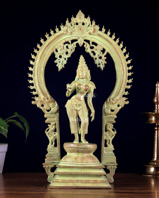 Pure Brass Standing Parvati with Prabhavali – Bhoga Shakti Idol (Green Sand Patina Finish) 18 inch - Budhshiv.com