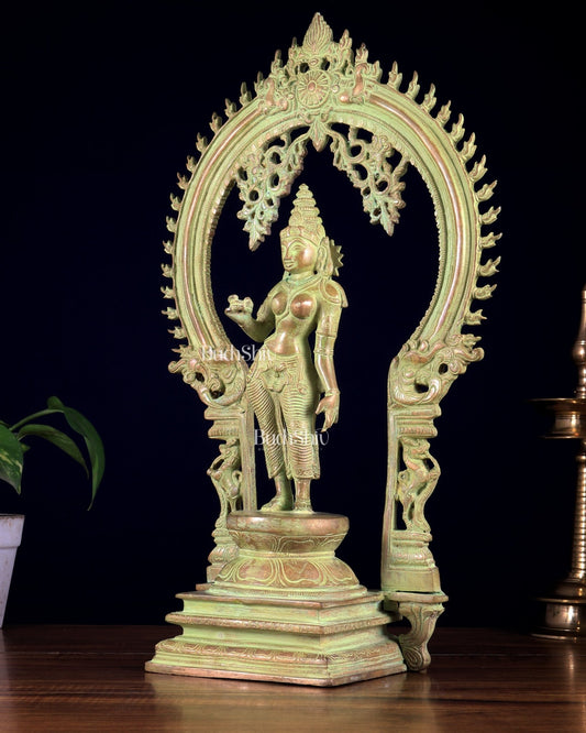 Pure Brass Standing Parvati with Prabhavali – Bhoga Shakti Idol (Green Sand Patina Finish) 18 inch - Budhshiv.com