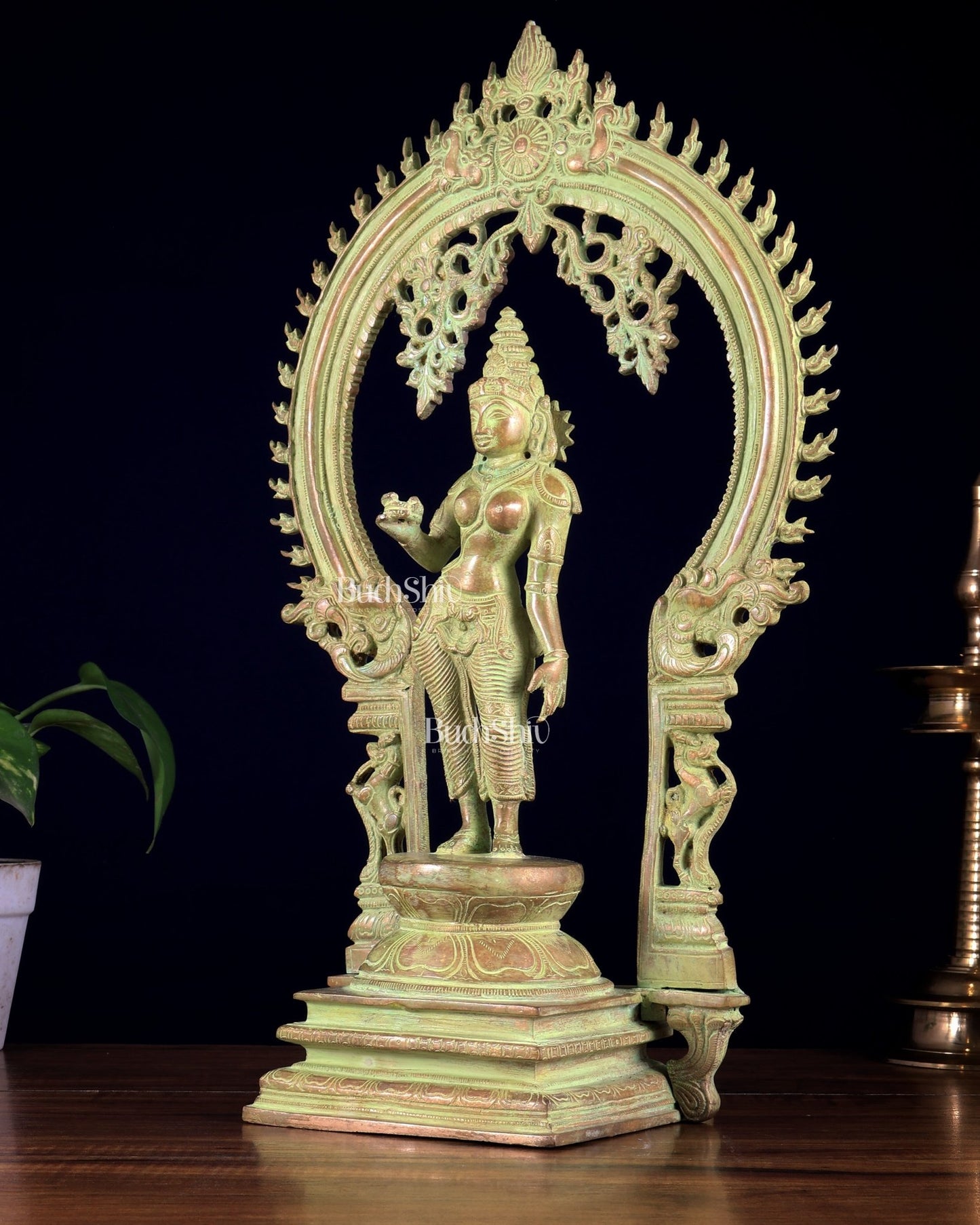 Pure Brass Standing Parvati with Prabhavali – Bhoga Shakti Idol (Green Sand Patina Finish) 18 inch - Budhshiv.com