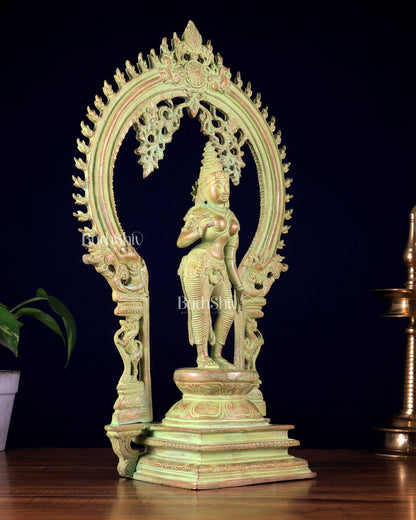 Pure Brass Standing Parvati with Prabhavali – Bhoga Shakti Idol (Green Sand Patina Finish) 18 inch - Budhshiv.com