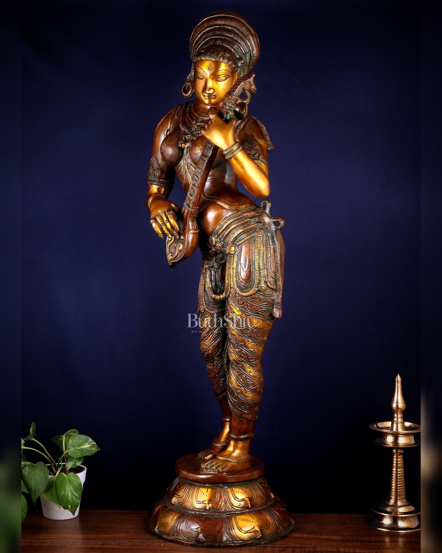 Pure Brass Standing Saraswati Statue – Unique Chola Style 35 inch - Budhshiv.com