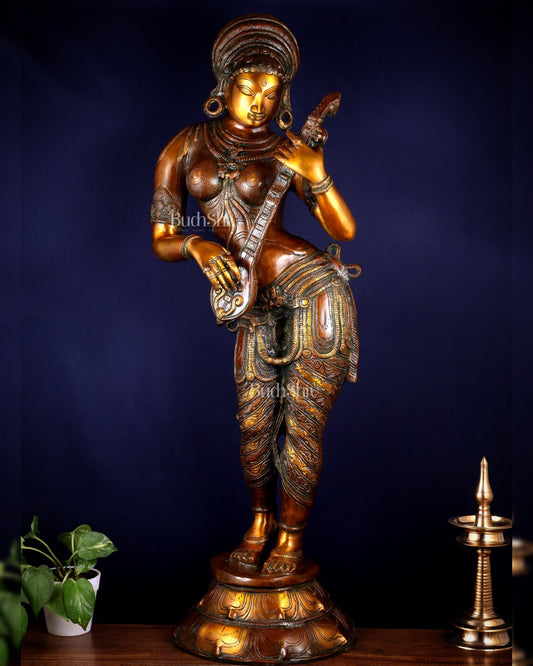 Pure Brass Standing Saraswati Statue – Unique Chola Style 35 inch - Budhshiv.com