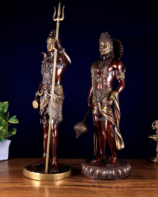 Pure Brass Standing Shiva & Hanuman Pair – 24–26 Inch | BudhShiv - Budhshiv.com