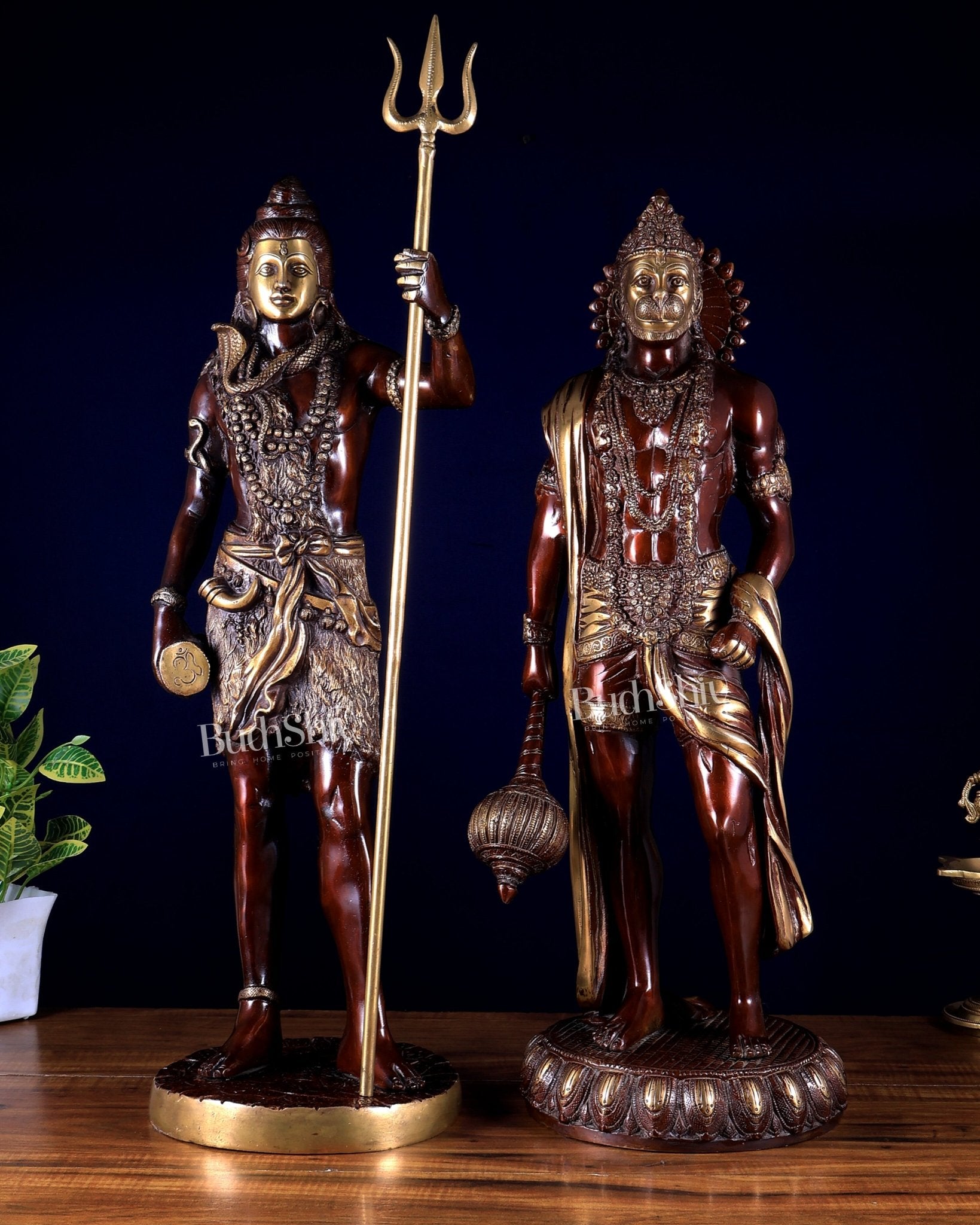 Pure Brass Standing Shiva & Hanuman Pair – 24–26 Inch | BudhShiv - Budhshiv.com