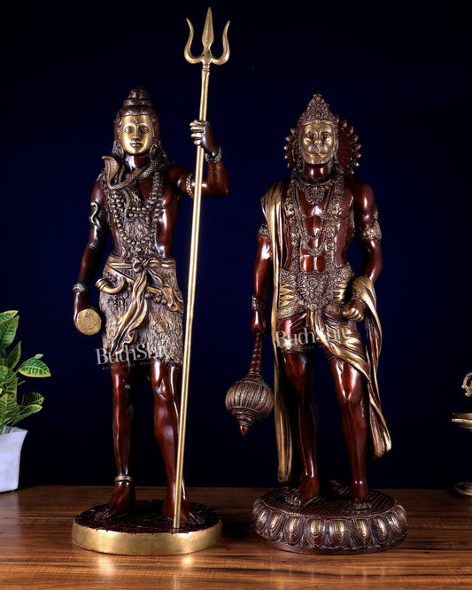 Pure Brass Standing Shiva & Hanuman Pair – 24–26 Inch | BudhShiv - Budhshiv.com