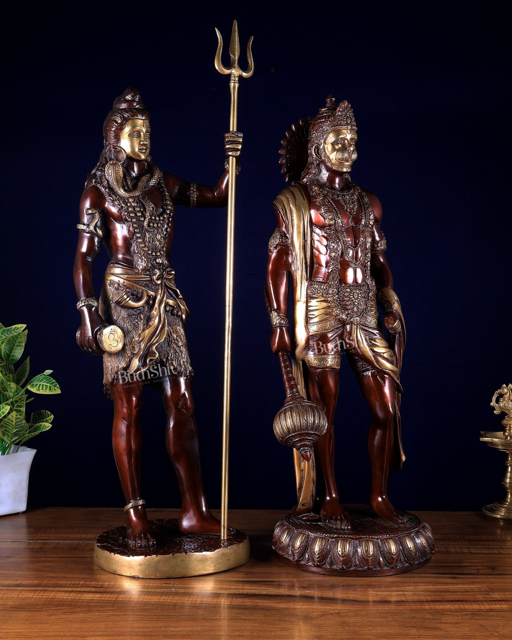Pure Brass Standing Shiva & Hanuman Pair – 24–26 Inch | BudhShiv - Budhshiv.com