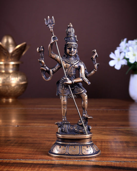 Pure Brass Standing Shiva Kaala Samahara Murti Idol antique brass tone 6.5" - Budhshiv.com