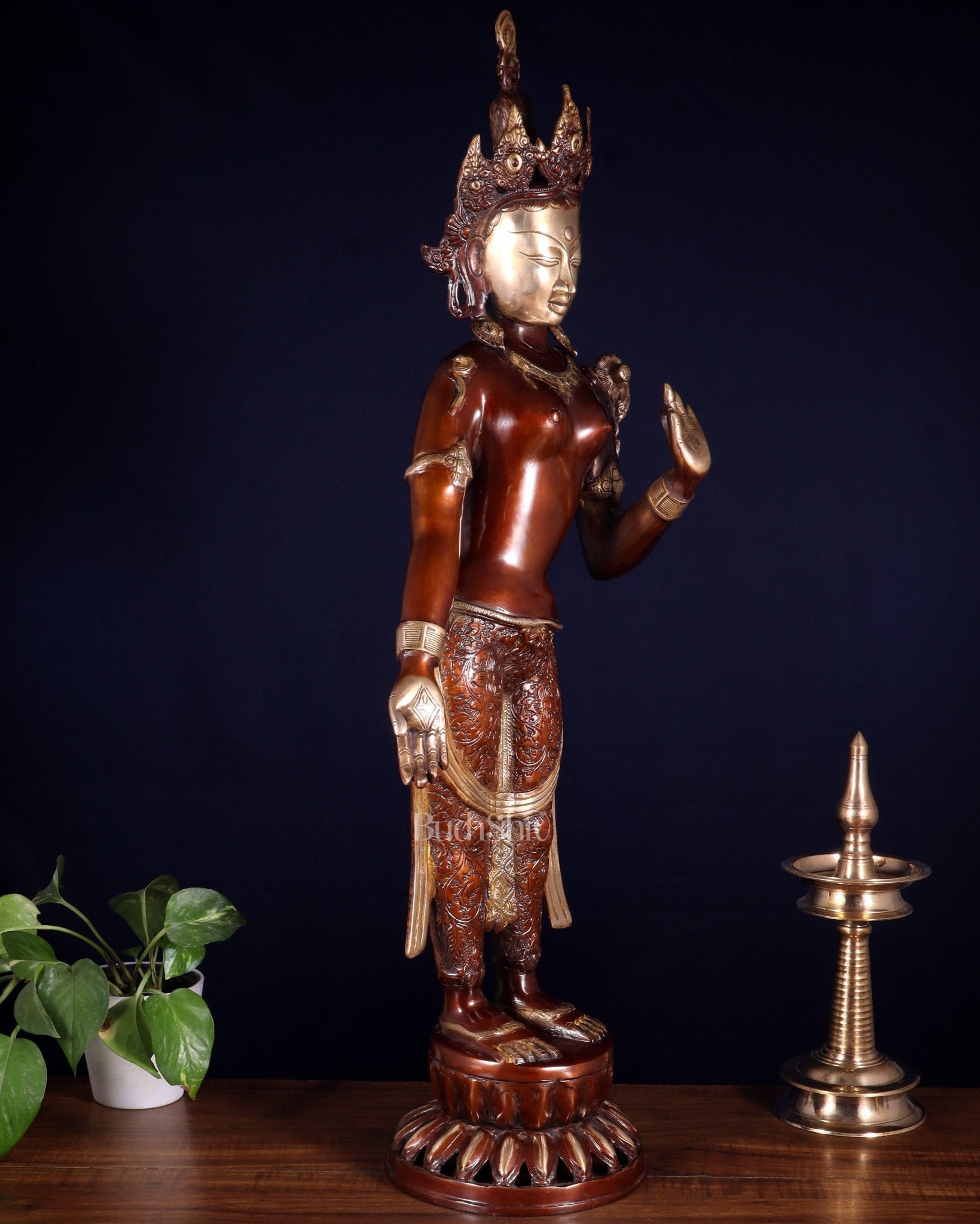 Pure Brass Standing Tara Idol – Dual Tone Copper & Golden Finish 30 inch - Budhshiv.com